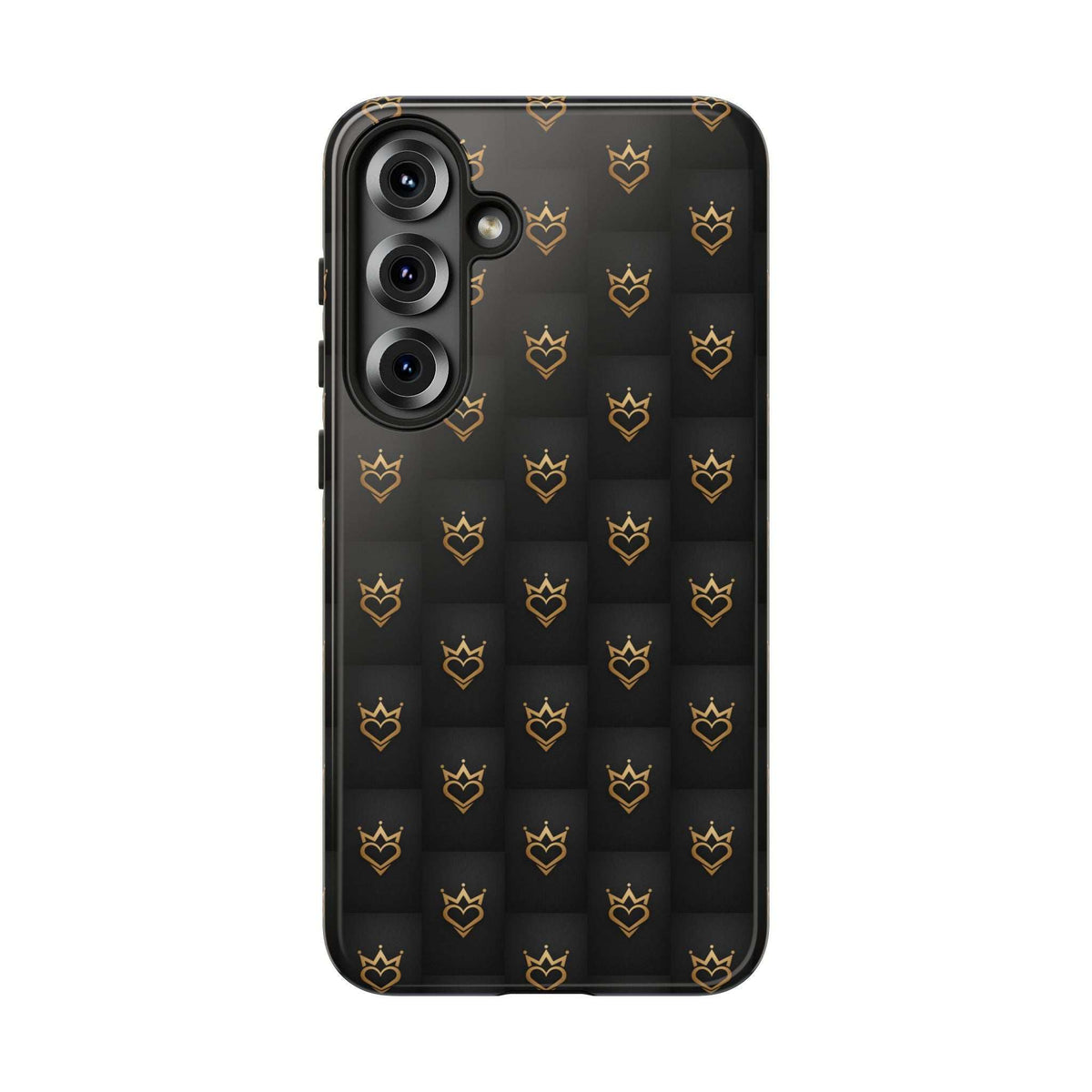 Glossy black phone case with gold crowned heart doodle pattern, left dual camera cutout.
