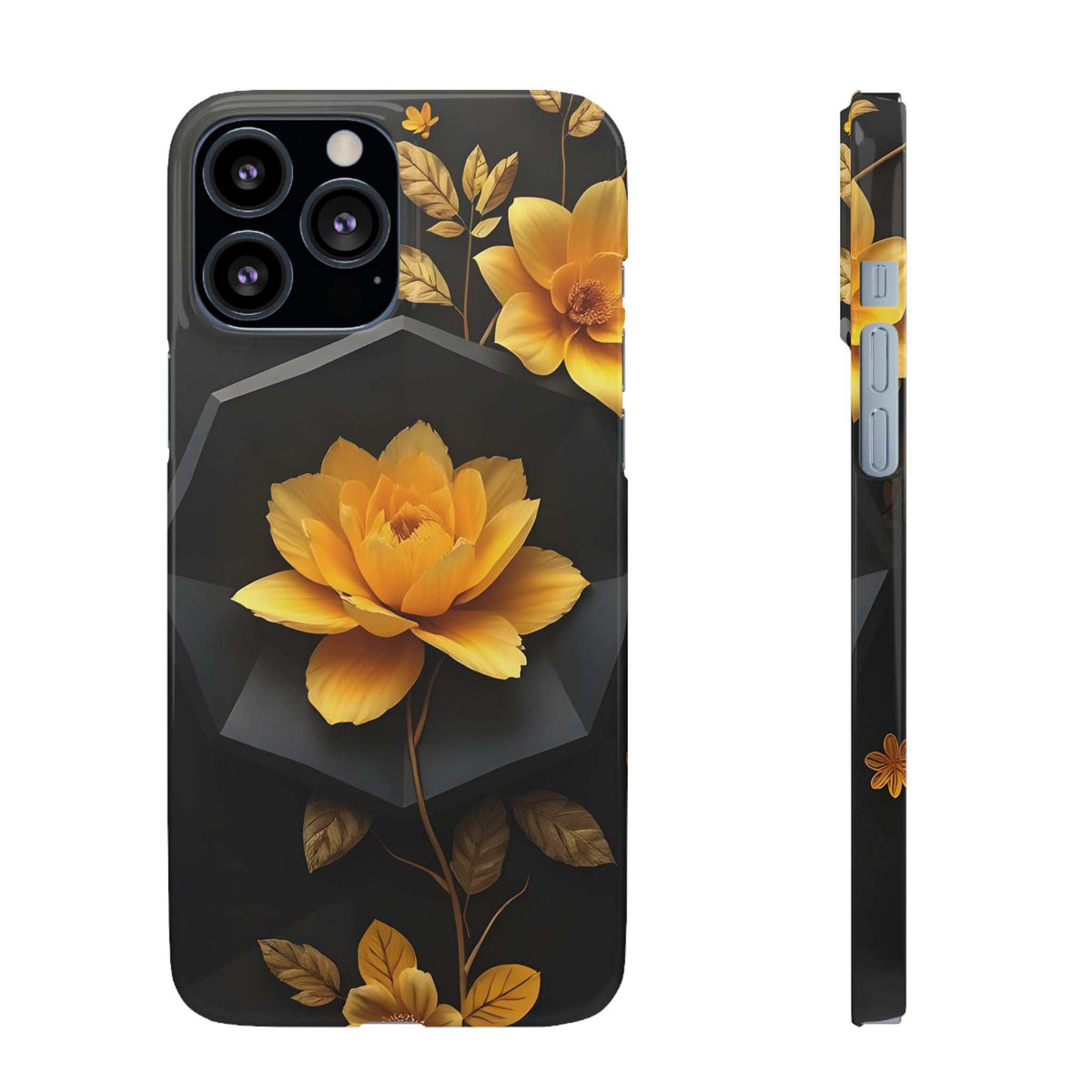 Black phone case with large yellow flower, leaf sprigs on top and visible camera lenses.
