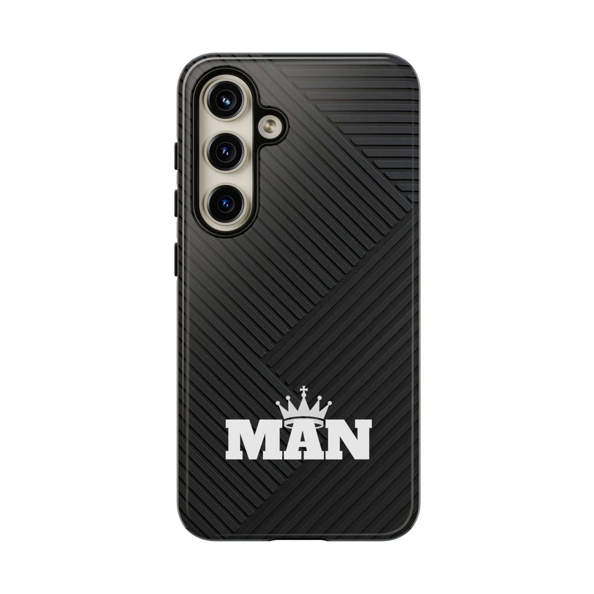 Black MAN logo phone case with diagonal ridged texture; camera lenses and cutouts on back.
