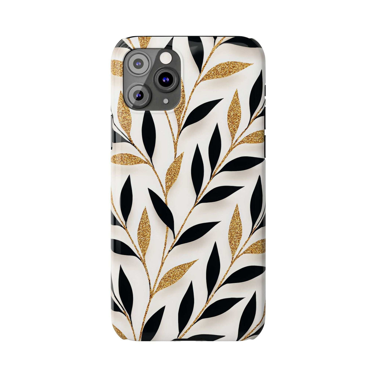 White phone case with black botanical leaves and gold glitter, rear camera cutouts