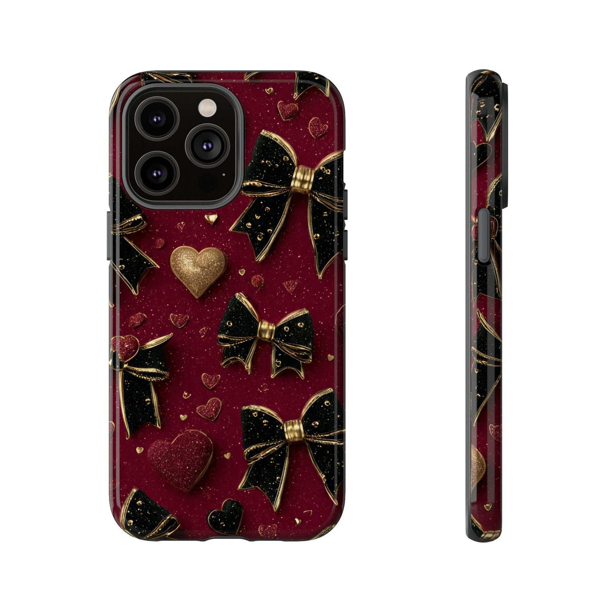 Maroon glossy phone case with gold hearts and bows; front camera lenses and cutouts shown