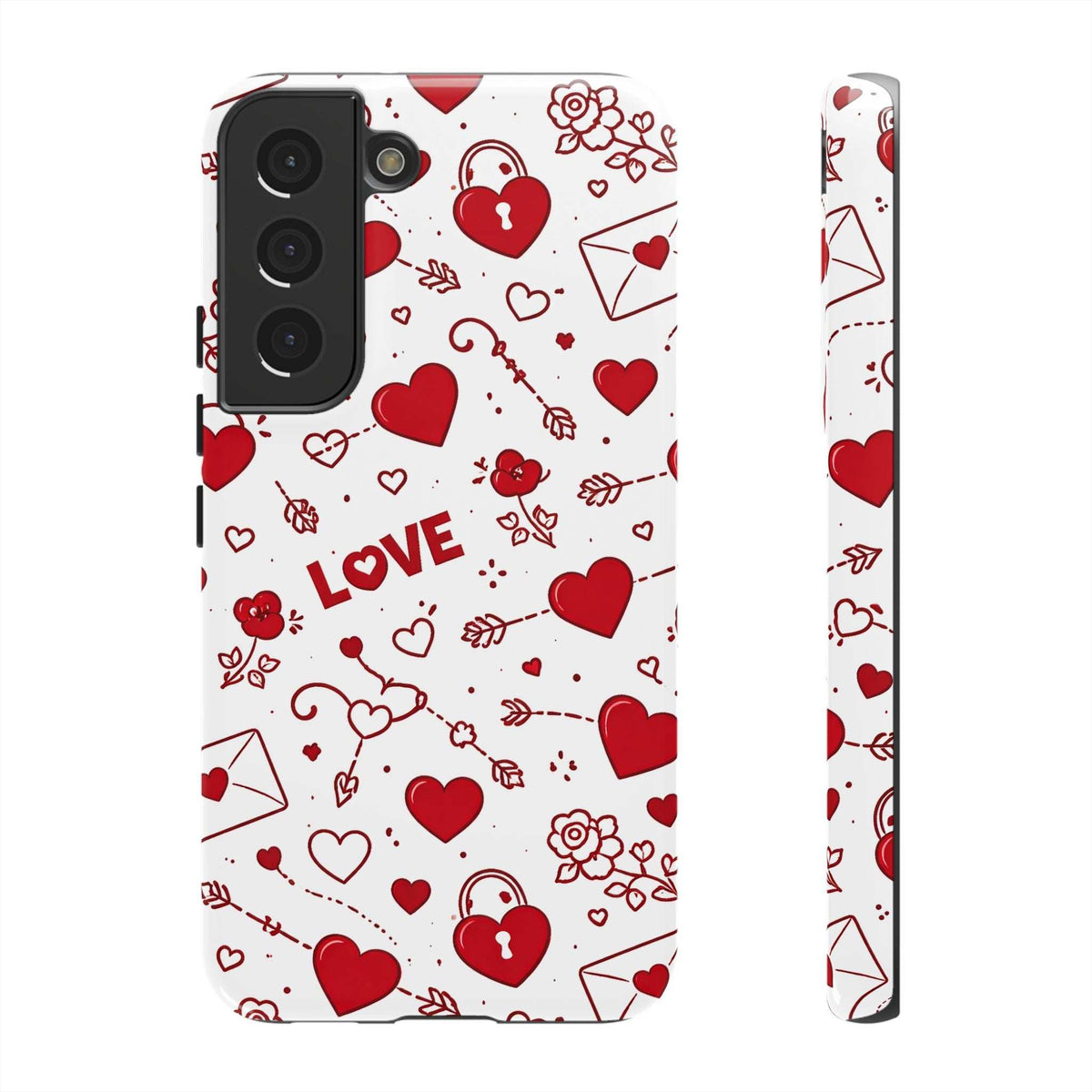 White phone case with red hearts and flowers; multi-lens camera area and slim side cutout.
