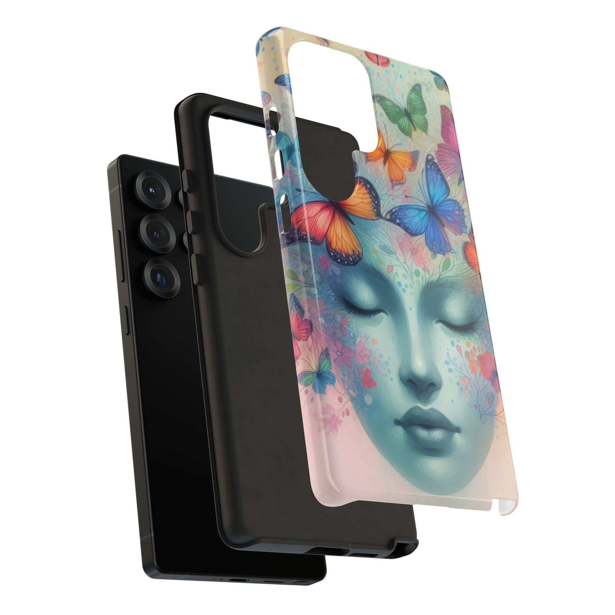Phone case back view featuring butterflies over a stylized woman's face illustration