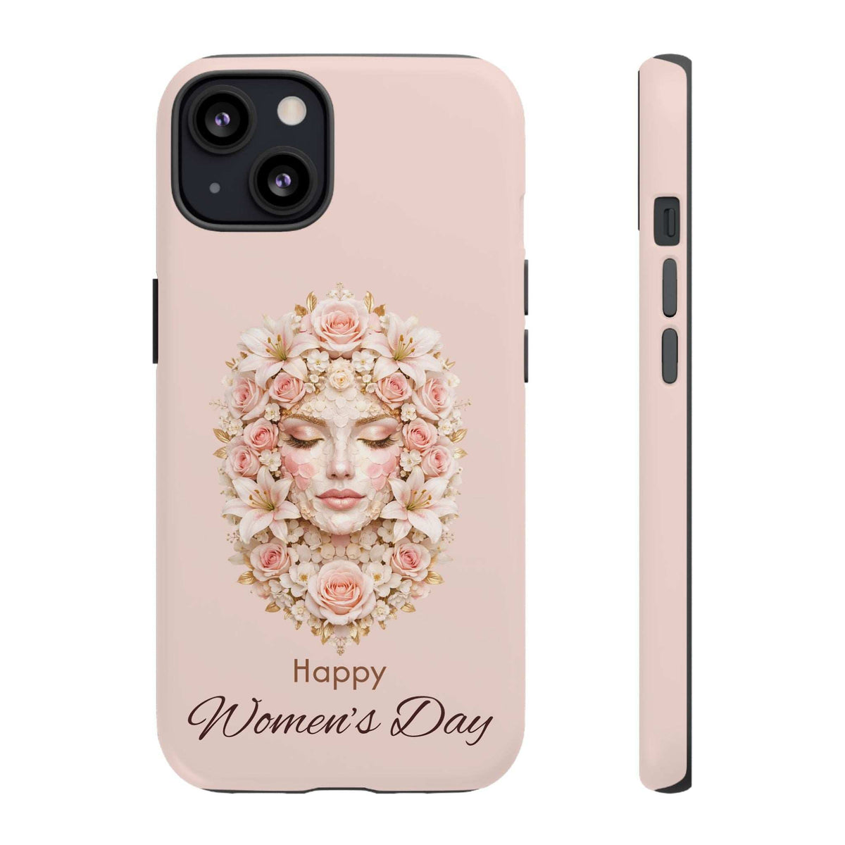 She Blooms pink phone case featuring floral wreath woman face and “Happy Women’s Day” text; front and side
