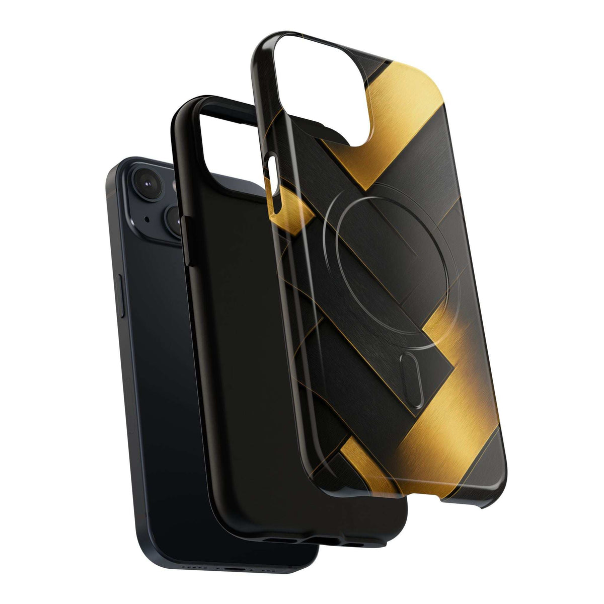 Glossy phone case with black back and gold geometric grid stripes, camera lens openings