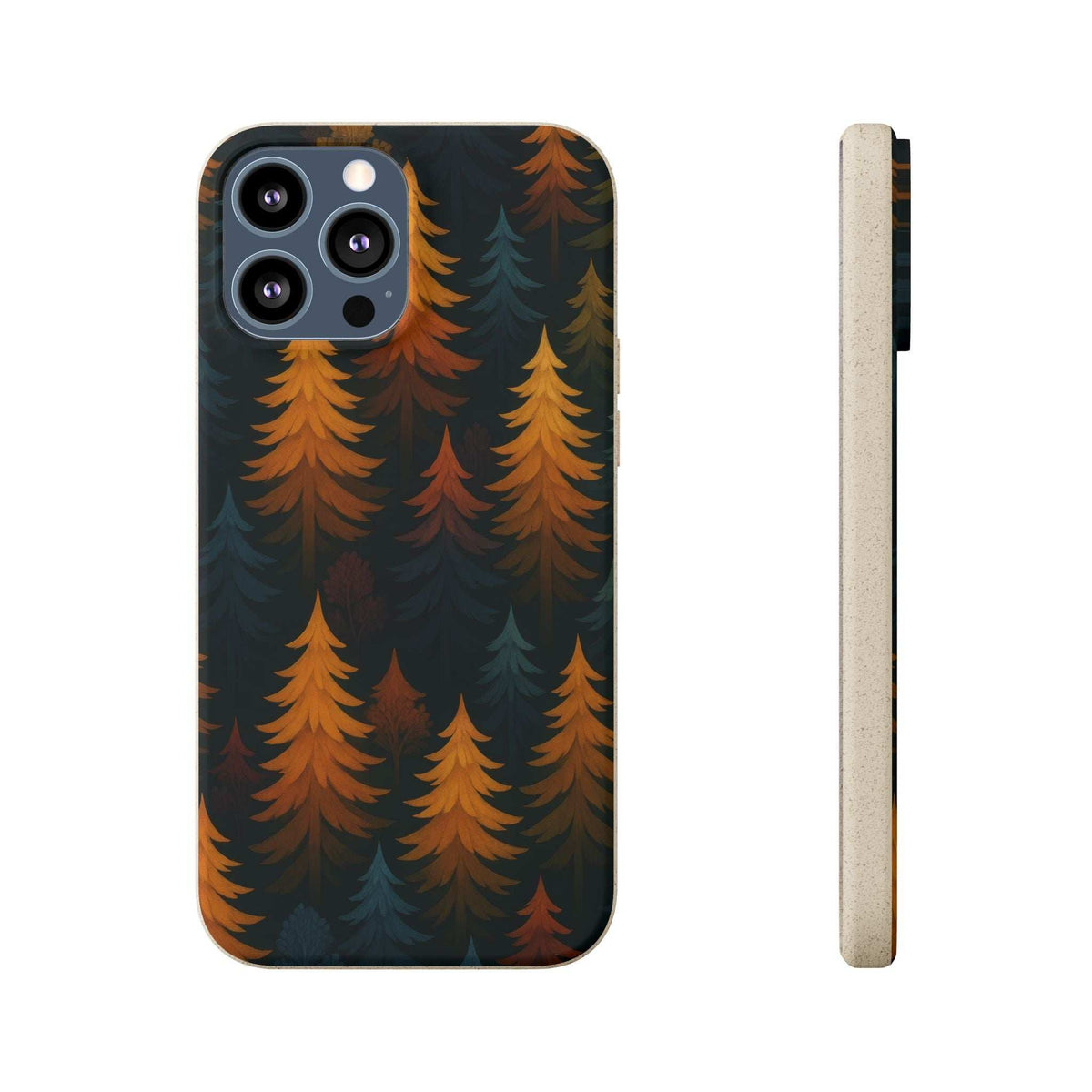 Biodegradable phone case with orange forest trees on dark blue; camera cutout and side view