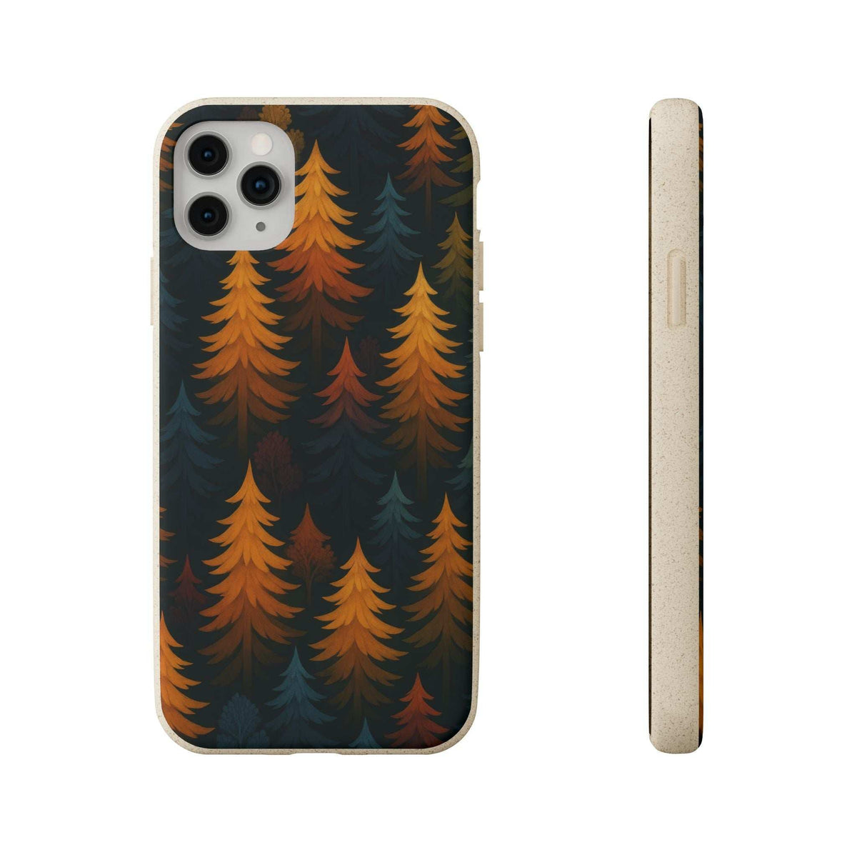 Biodegradable phone case with colorful pine trees, camera cutouts, and button-protecting edges