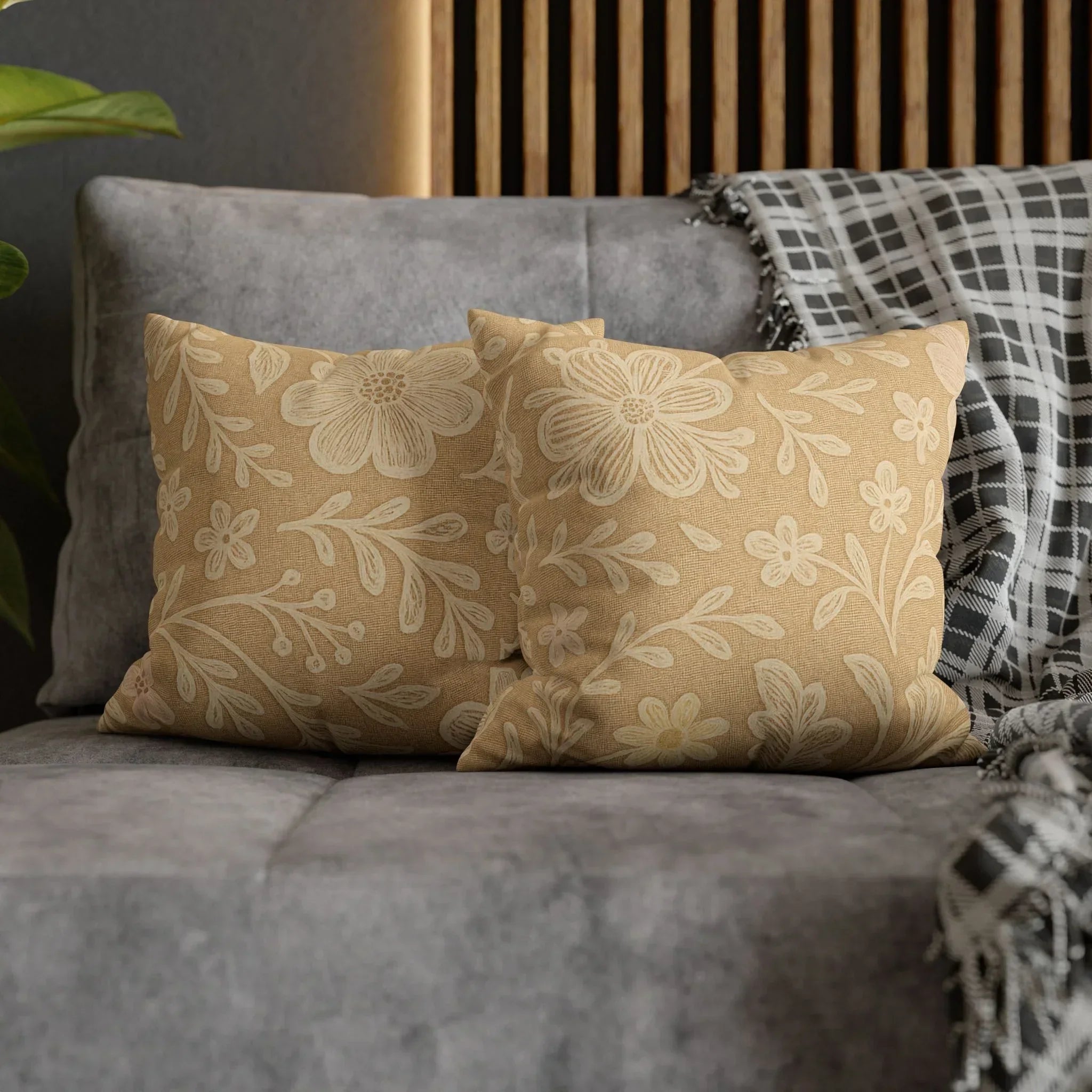 Beige Botanical Faux Suede Pillowcase - KARARMDESIGN