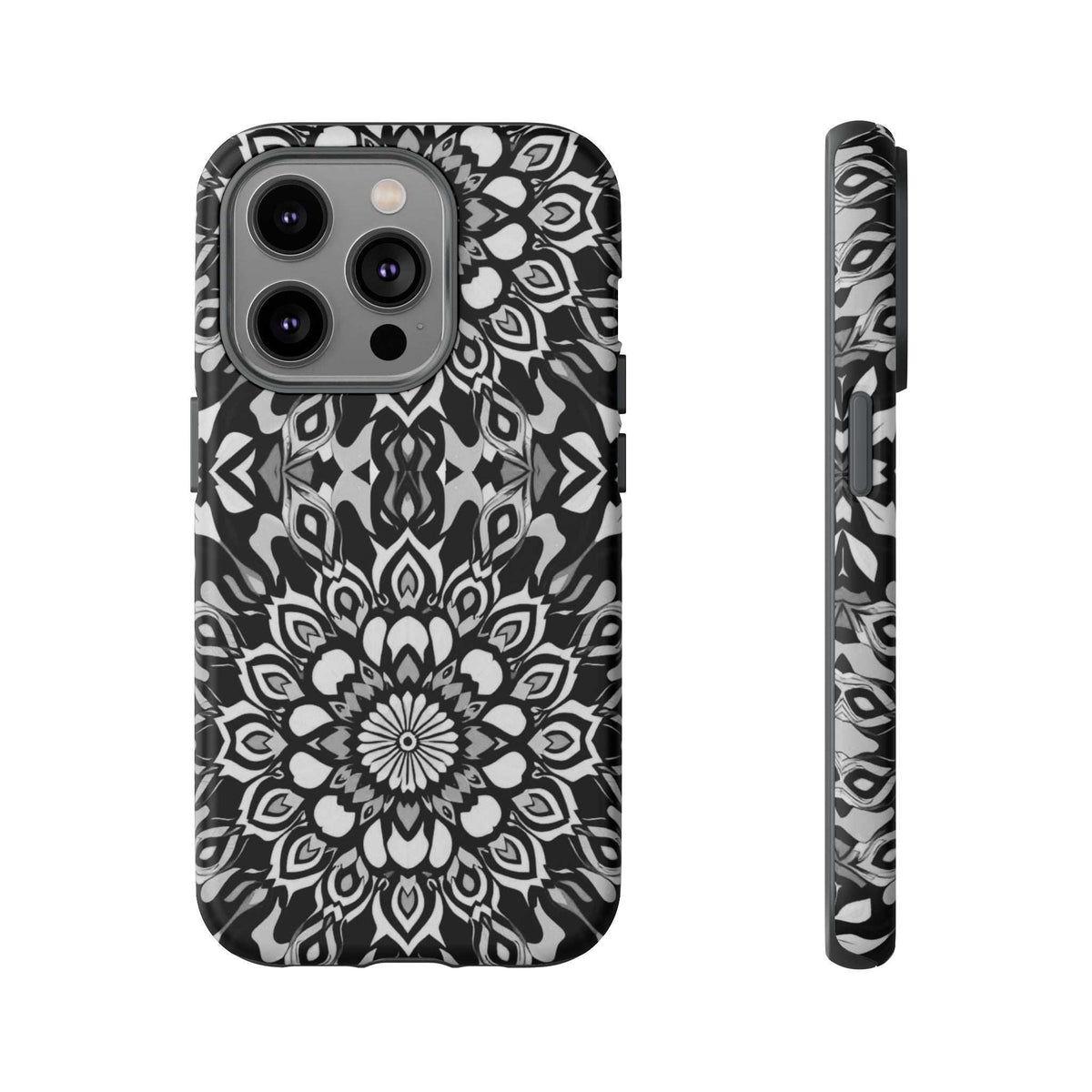 Mandala phone case, black-and-white mandala pattern with camera lens openings and side edge