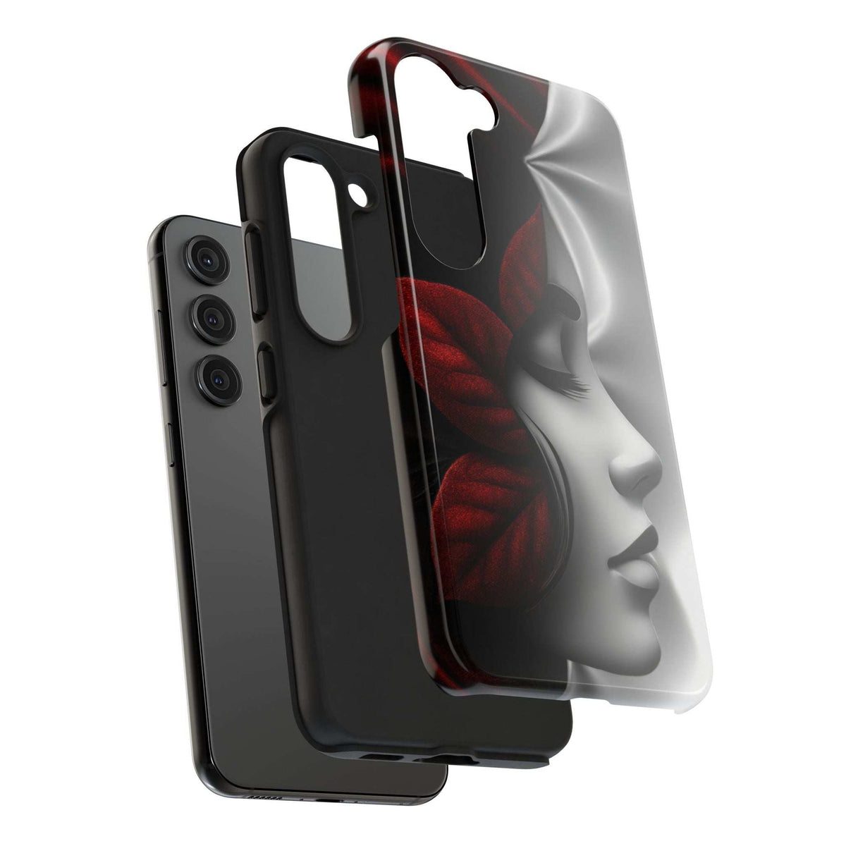 Phone case with dark glossy finish and red rose face graphic