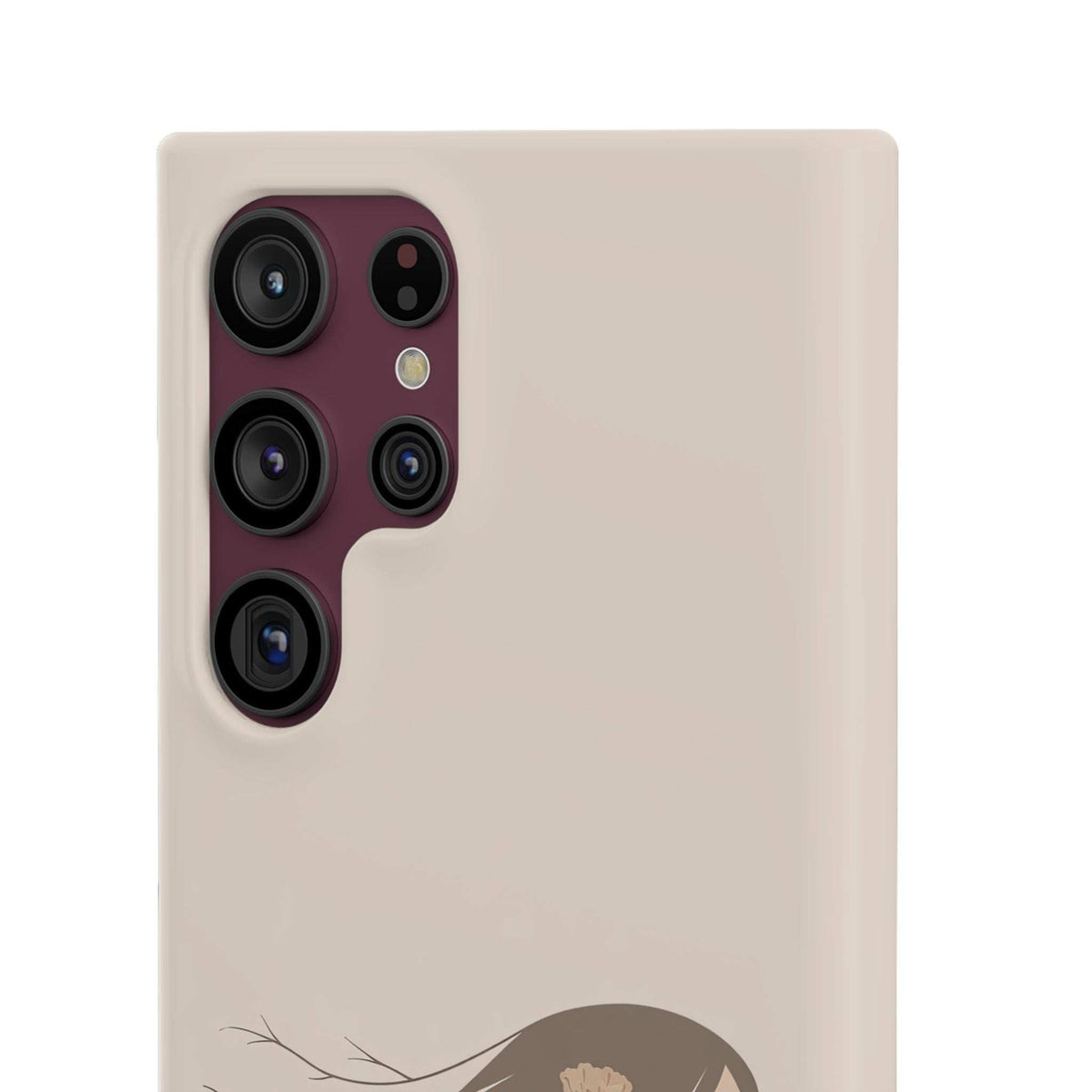 Beige phone case with red-accent camera lenses and flower-and-vine graphic on back