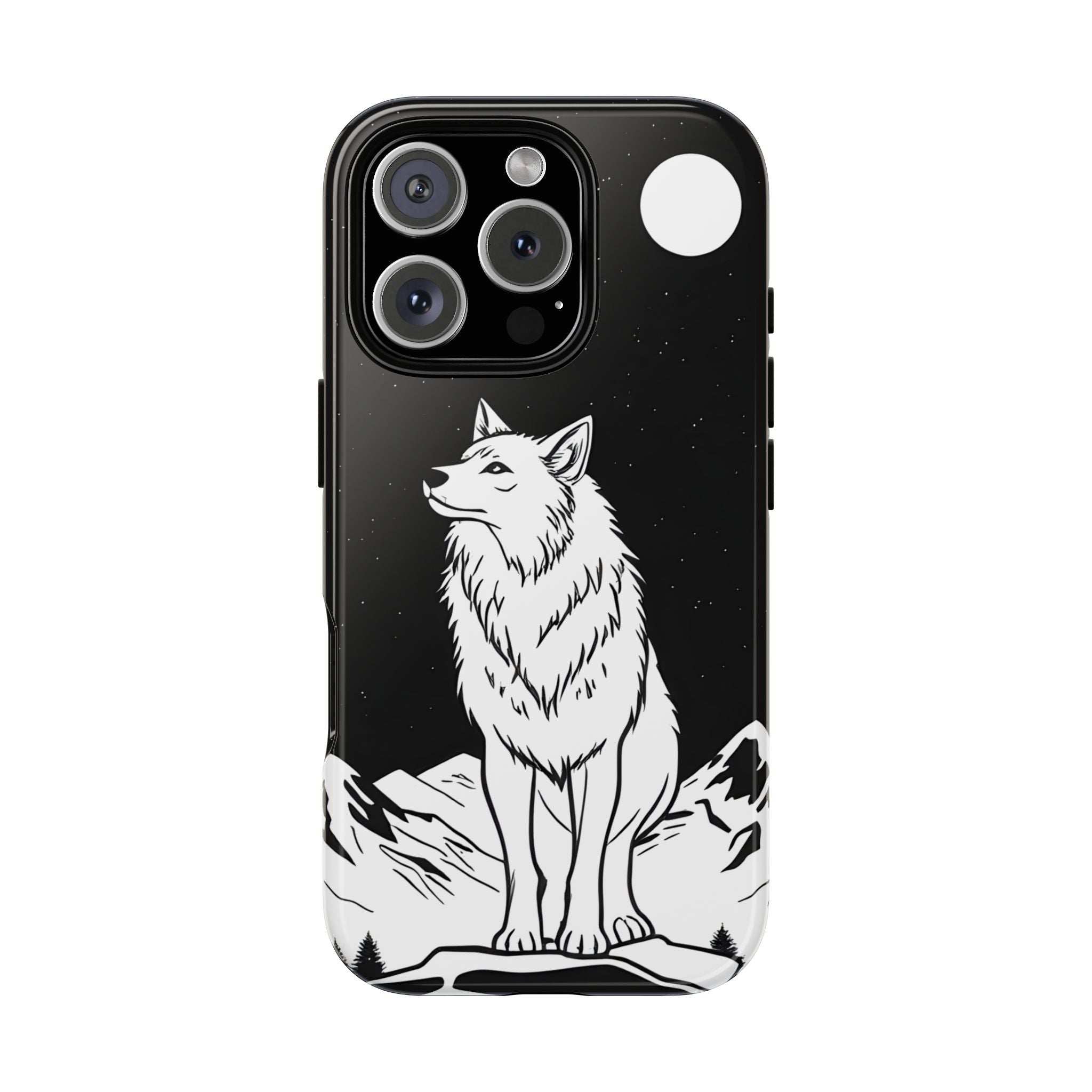 Black phone case with white wolf illustration, triple camera cutout and top-right circle detail