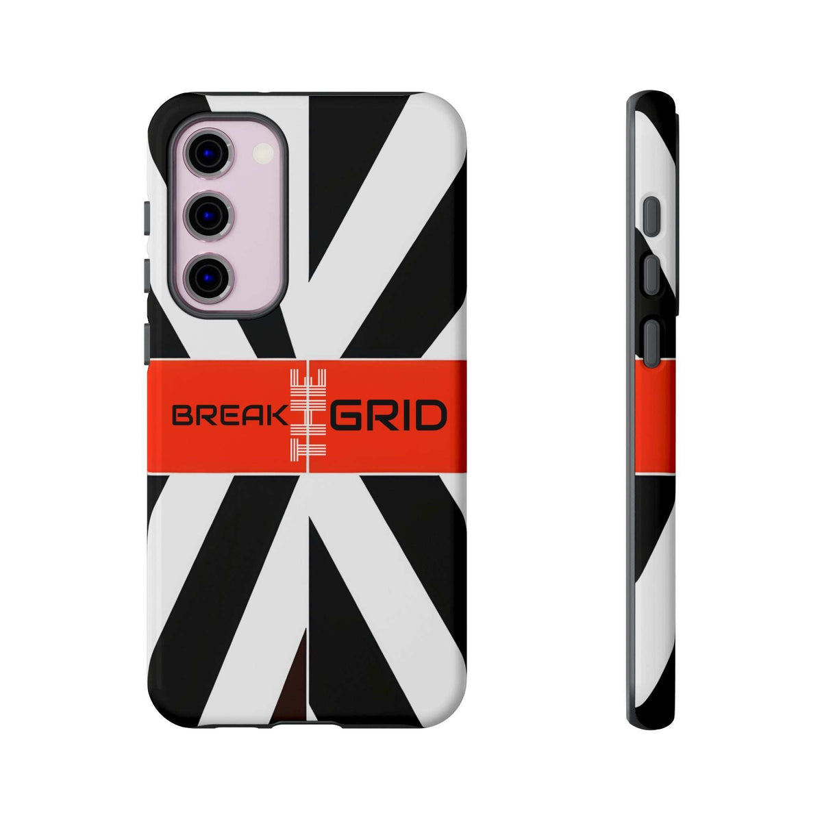 Geometric phone case with black-and-white angled stripes and orange center band, camera cutouts