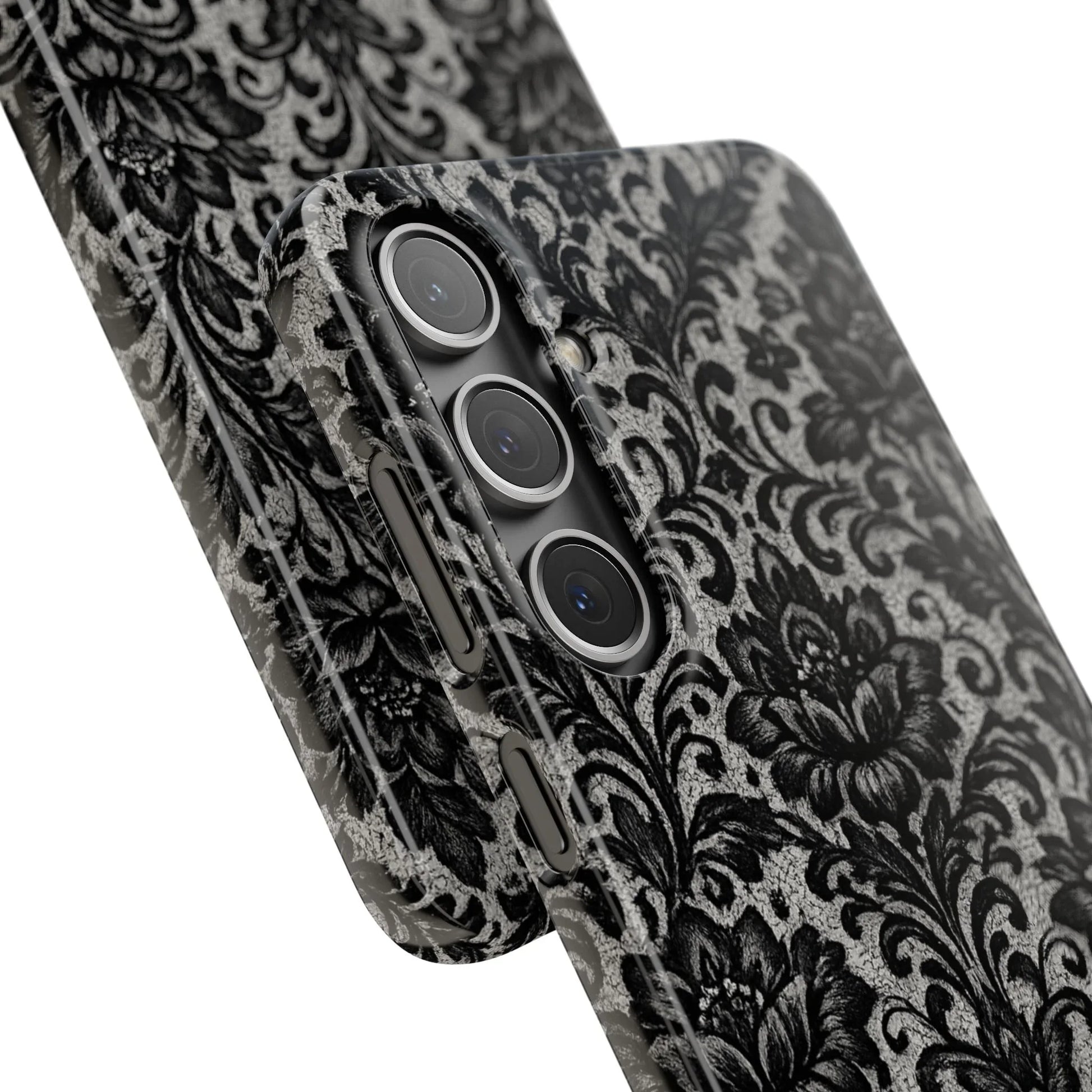 Black Damask Floral Phone Case for iPhone 11-17 and Galaxy S20-S25 - KARARMDESIGN