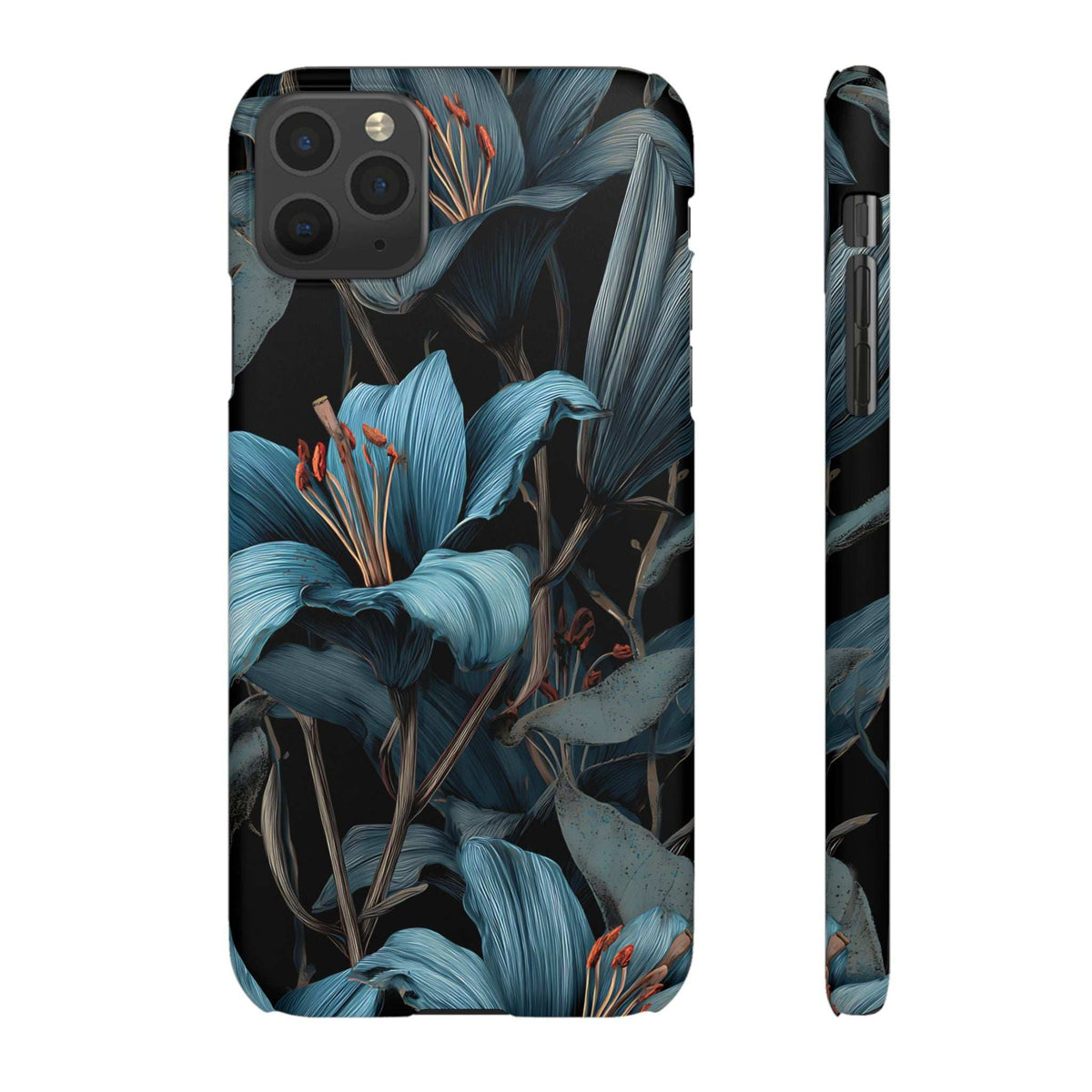 Floral phone case with blue botanical print, front view and side edge detail