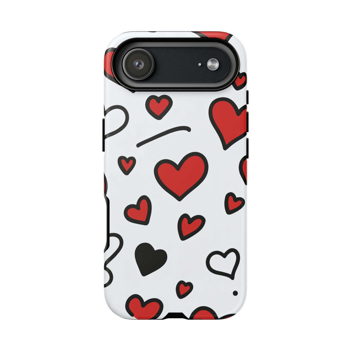 White phone case with scattered hearts in red and black; camera cutout at top