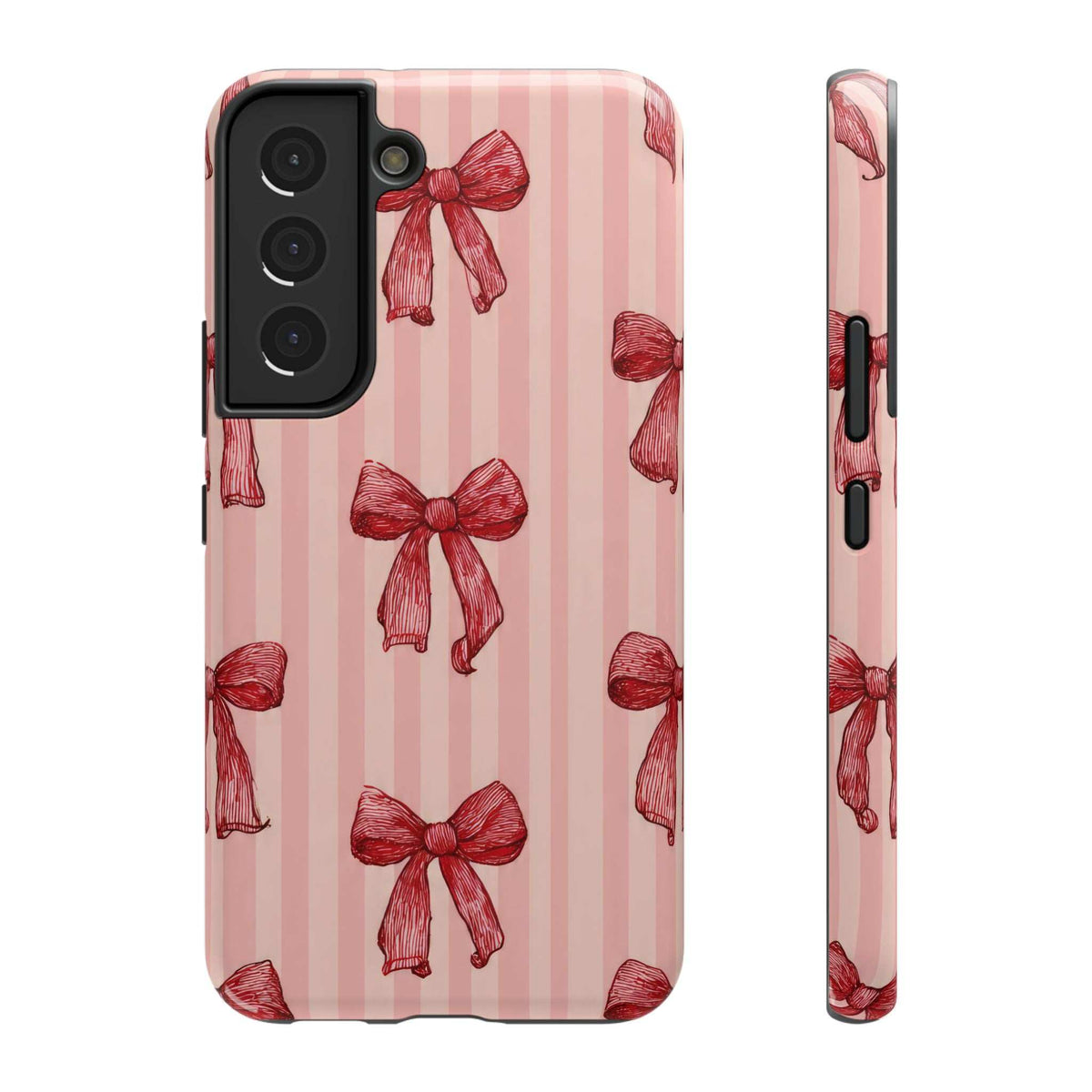 Pink striped phone case with red bow pattern; dark camera module with lens openings