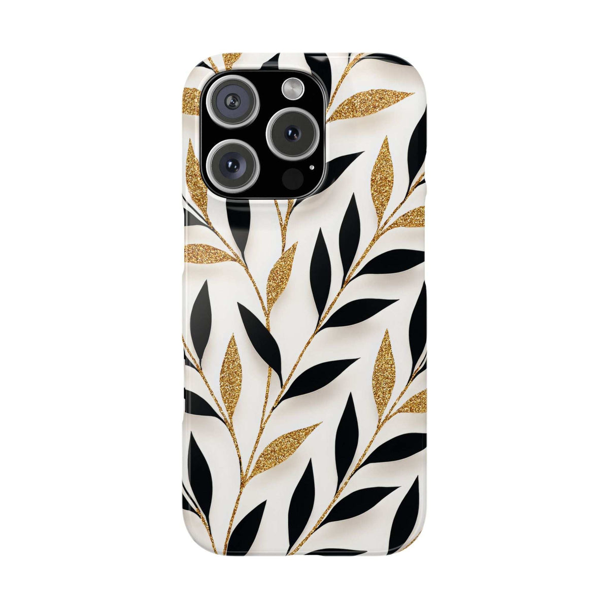 Phone case back view with gold glitter botanicals, black leaves, and camera cutouts