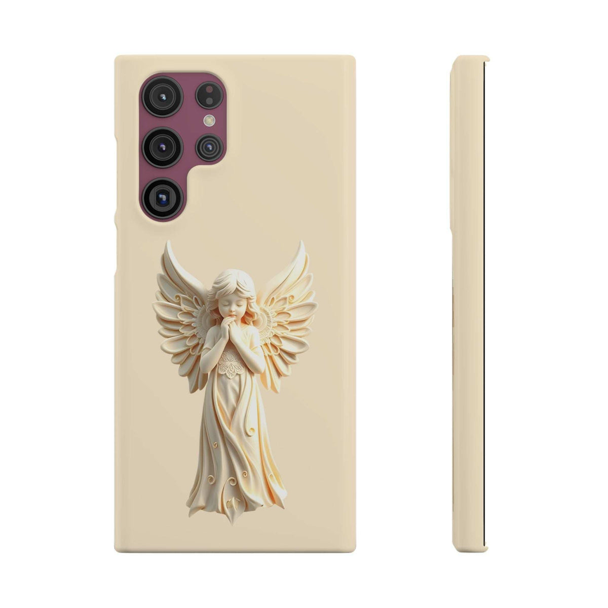 Cream phone case with angel wings design and four-lens camera cutout
