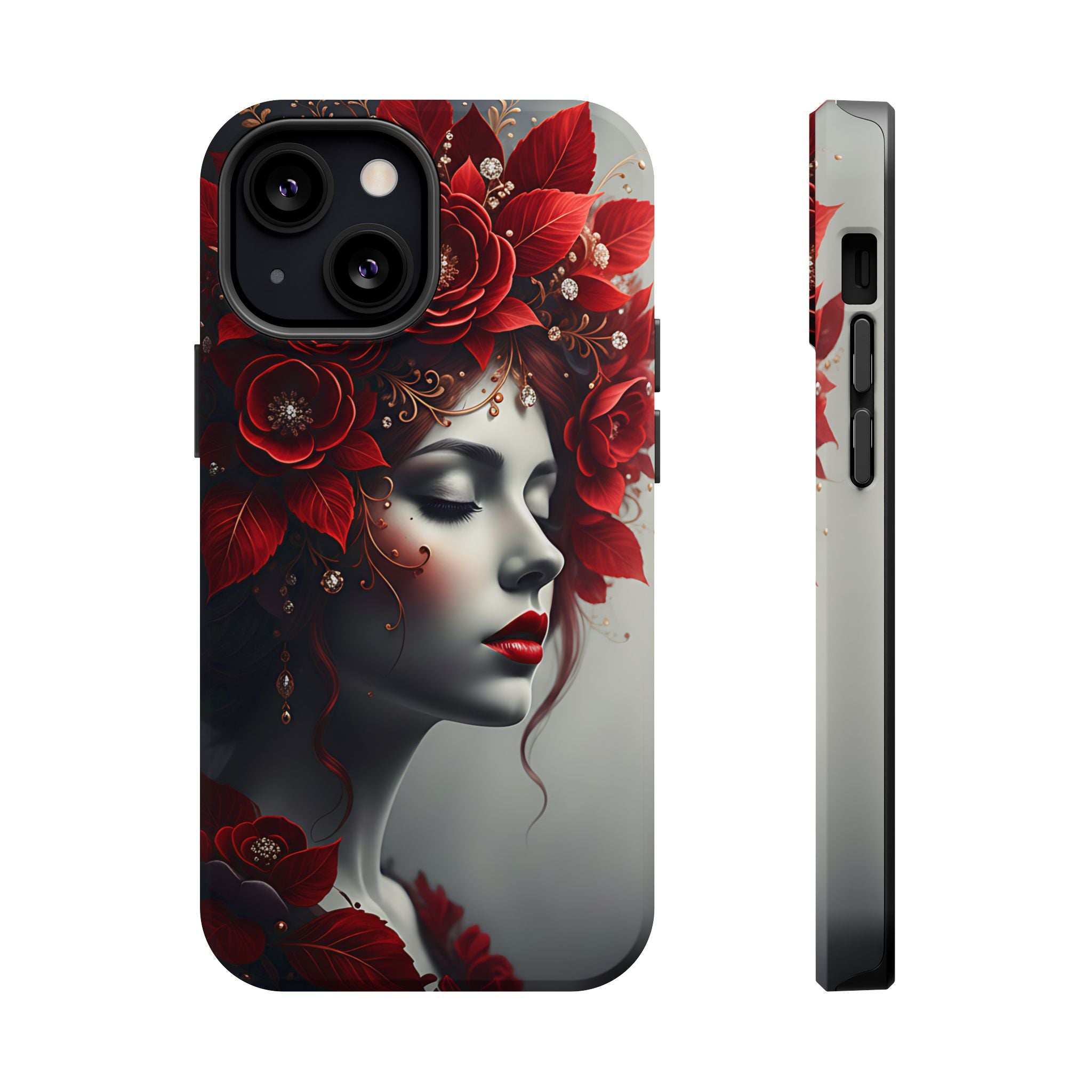 Phone case featuring a red floral portrait woman, black camera ring, side buttons and cutouts
