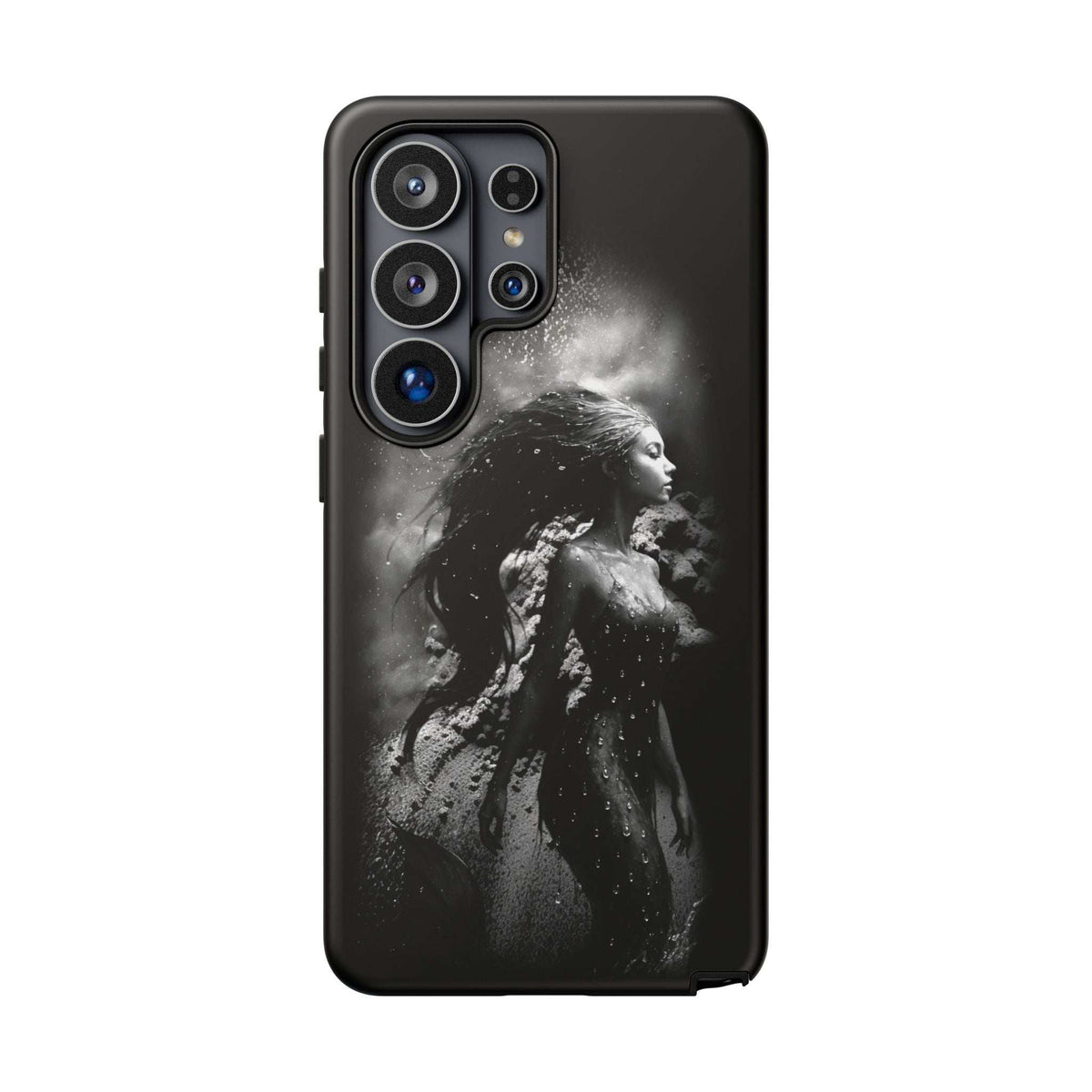 Black monochrome mermaid phone case with camera cutouts for iPhone/Galaxy