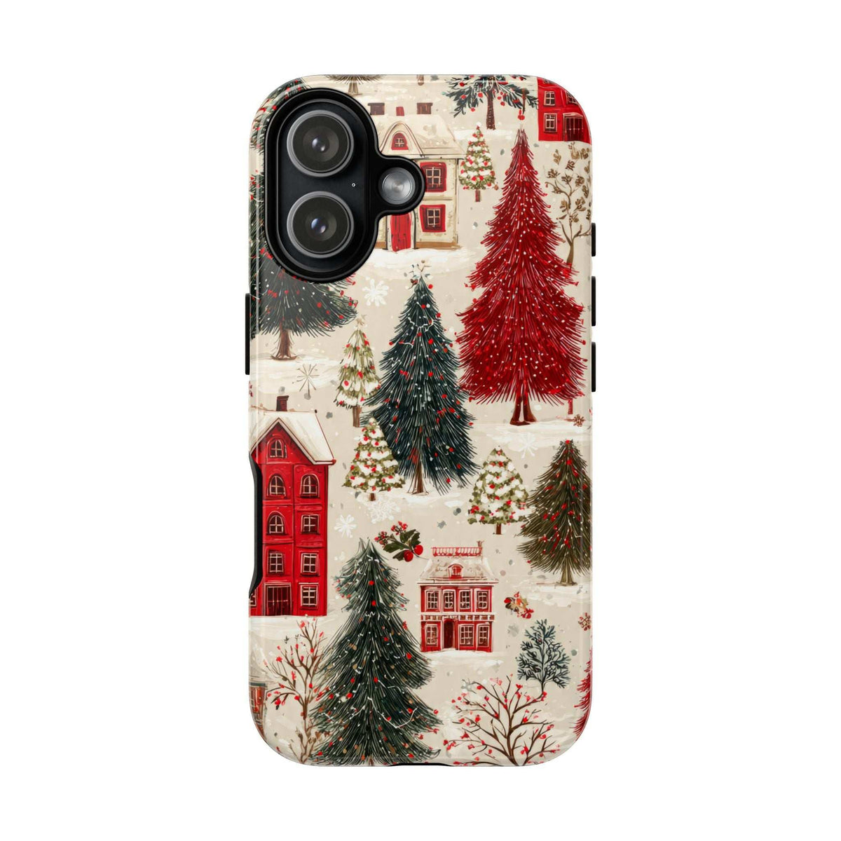 Winter village phone case with red houses and evergreen trees; open camera cutout