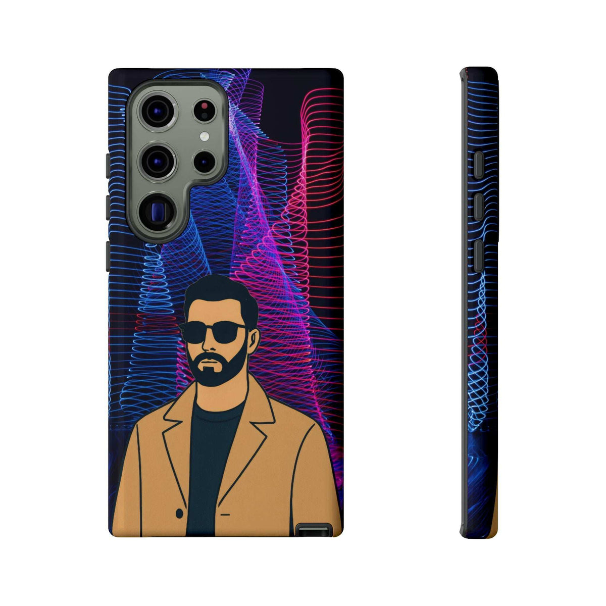 Glossy phone case with bearded man graphic, neon blue/pink lines, and quad camera cutouts.