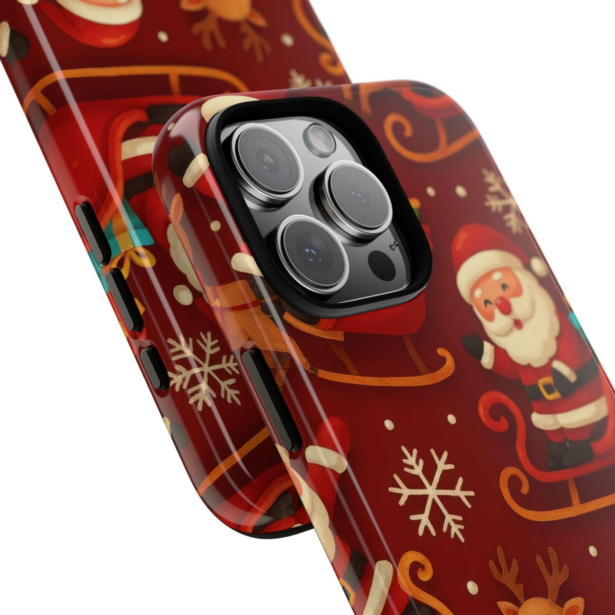 Glossy red phone case close-up with camera lens cutout and Santa sleigh print
