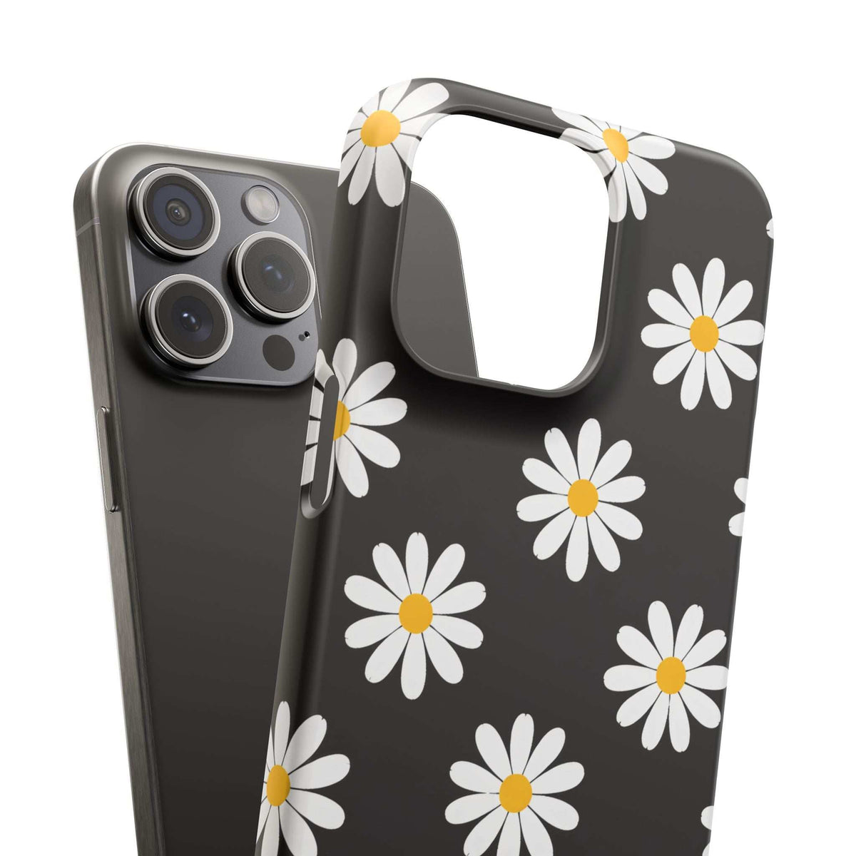 Daisy charm phone case with black back, white daisy pattern and yellow centers, camera cutout.