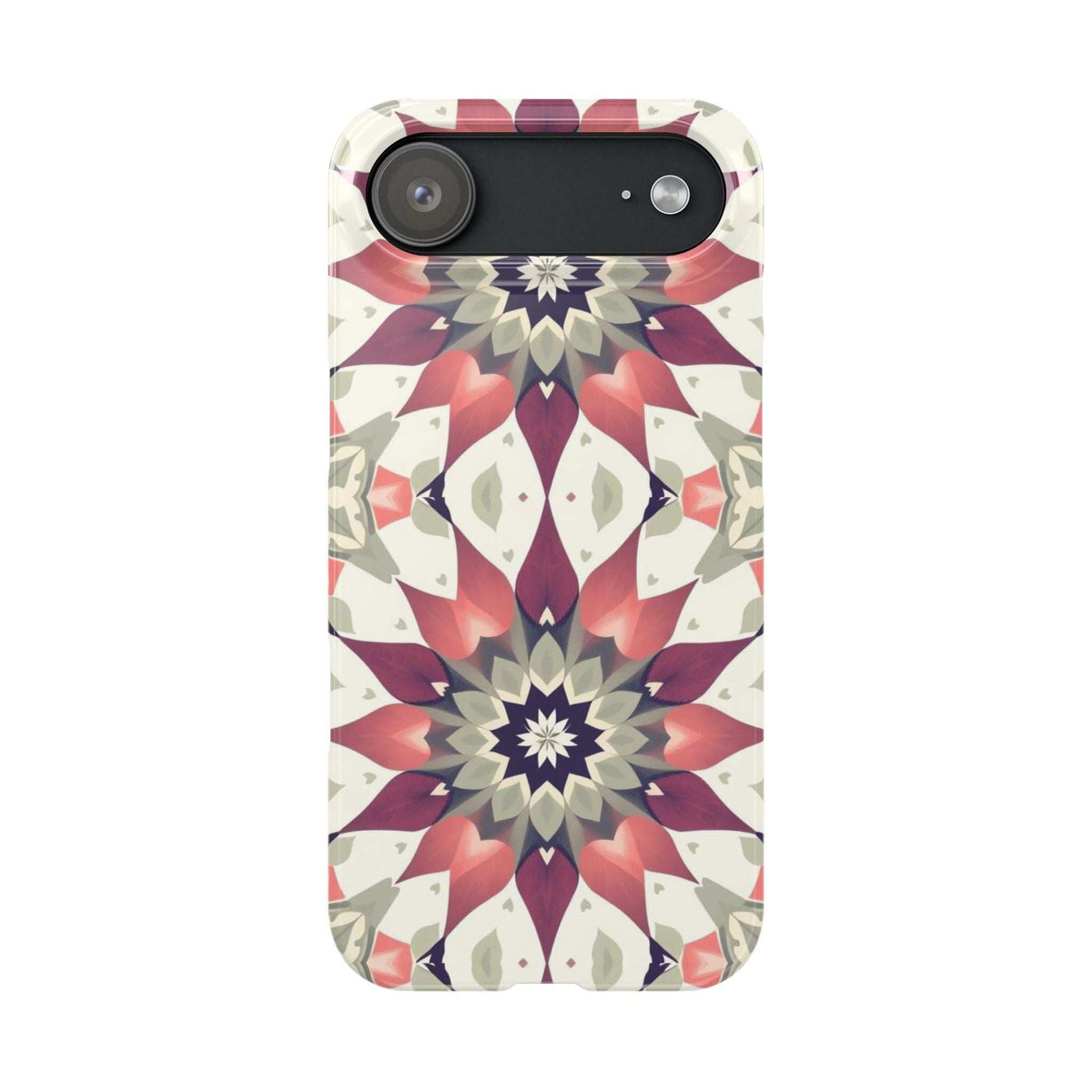 Phone case with burgundy and navy mandala floral design on a cream background, single camera row.