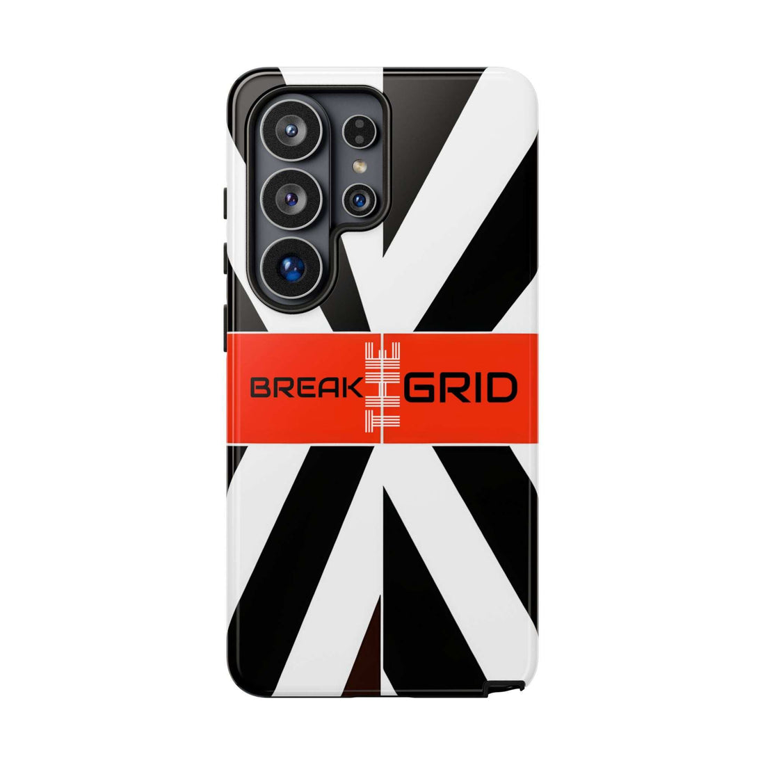 Phone case with black-and-white geometric stripes and red "Break Grid" band, front.