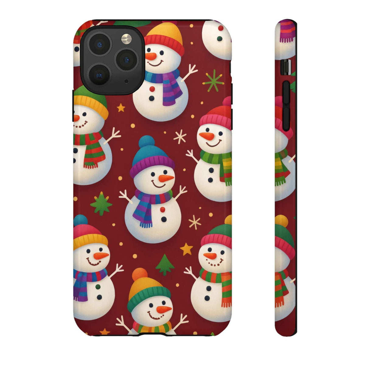 Glossy phone case with snowman parade print and rear camera cutout details