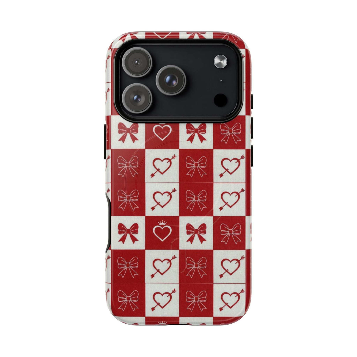 Red and white checkered phone case with hearts and bows, camera lenses and flash cutout