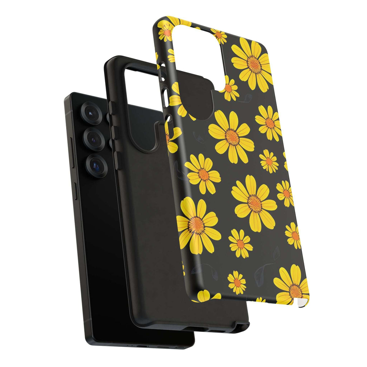 Black floral phone case with yellow flowers, front shield lip, and port cutouts