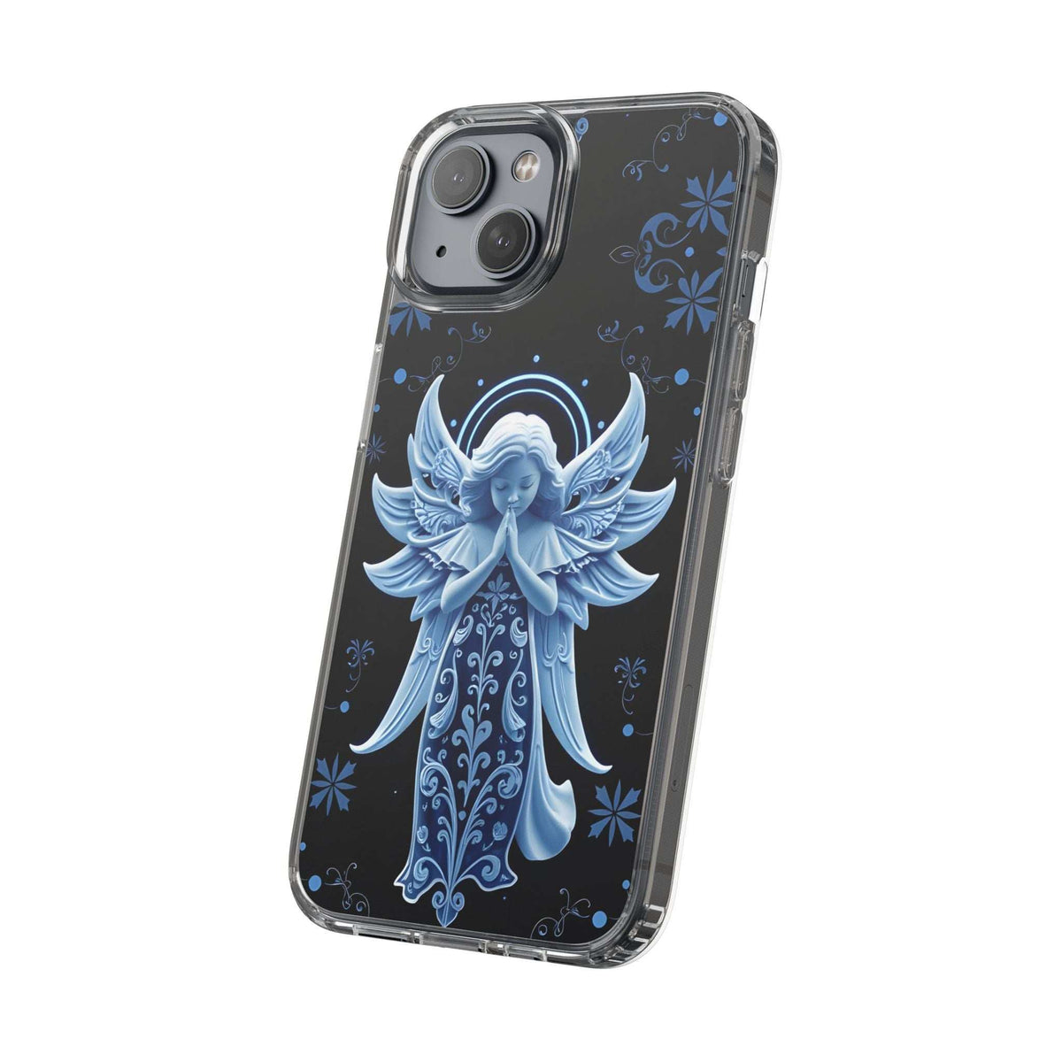 Phone case with blue angel prayer figure, subtle snowflake-like motifs, clear edge protection