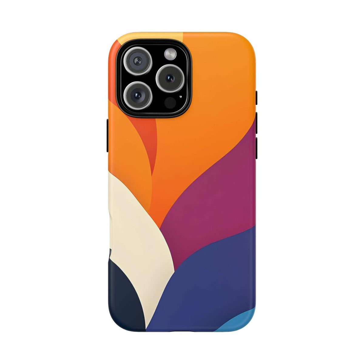 Phone case featuring abstract orange, magenta, navy and cream curves over the back with camera holes
