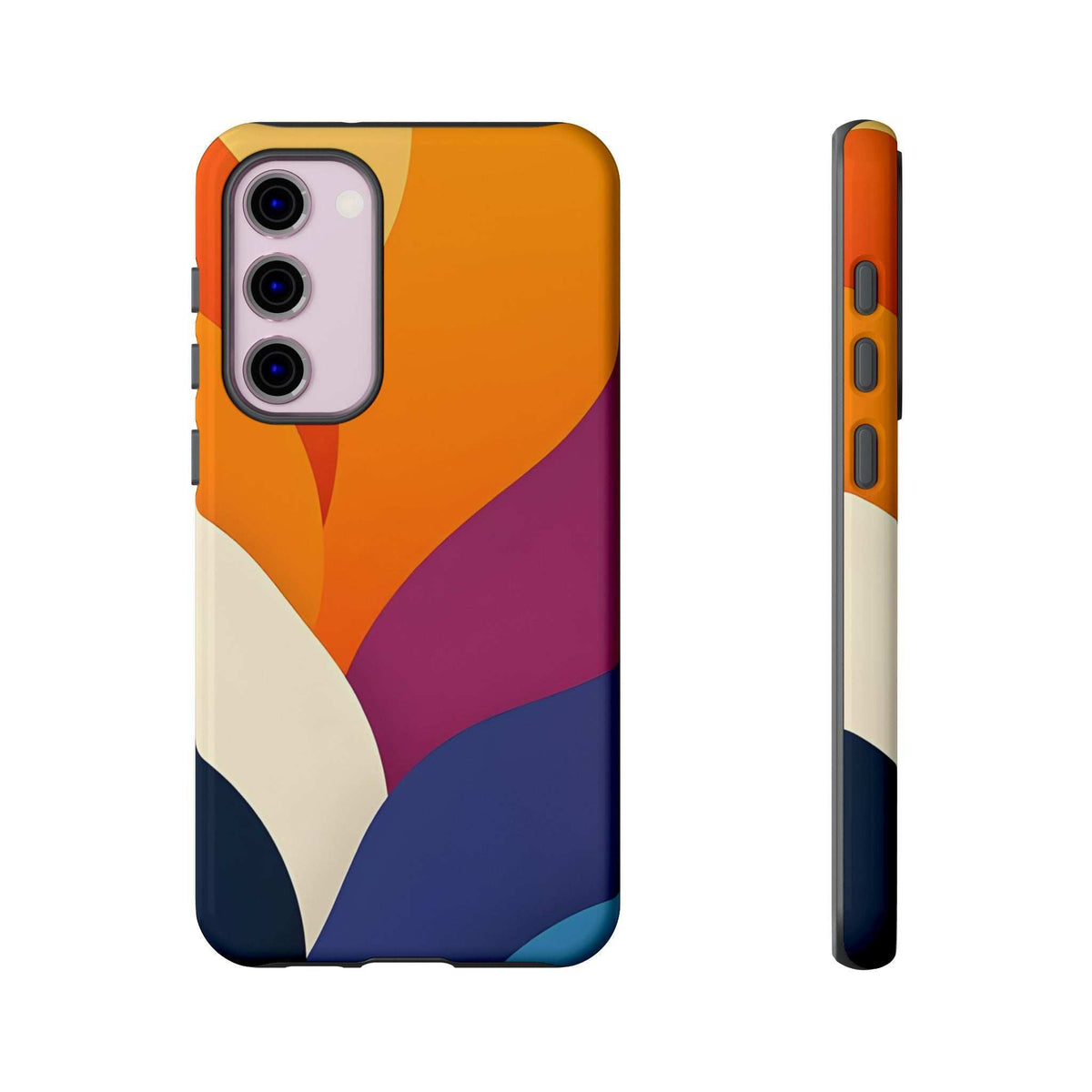 Phone case with orange-magenta abstract shapes and cream accents on navy; front view.