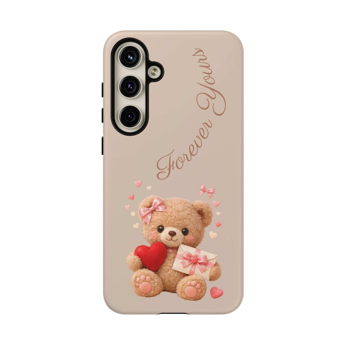 Beige phone case with teddy bear, red heart, and pink hearts; back view