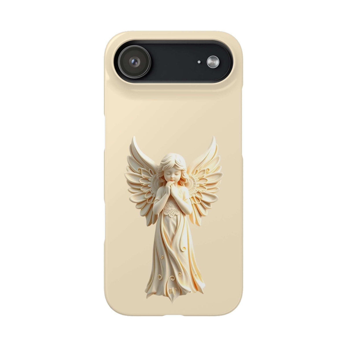 Light beige phone case with raised angel wing figure and top bar camera opening