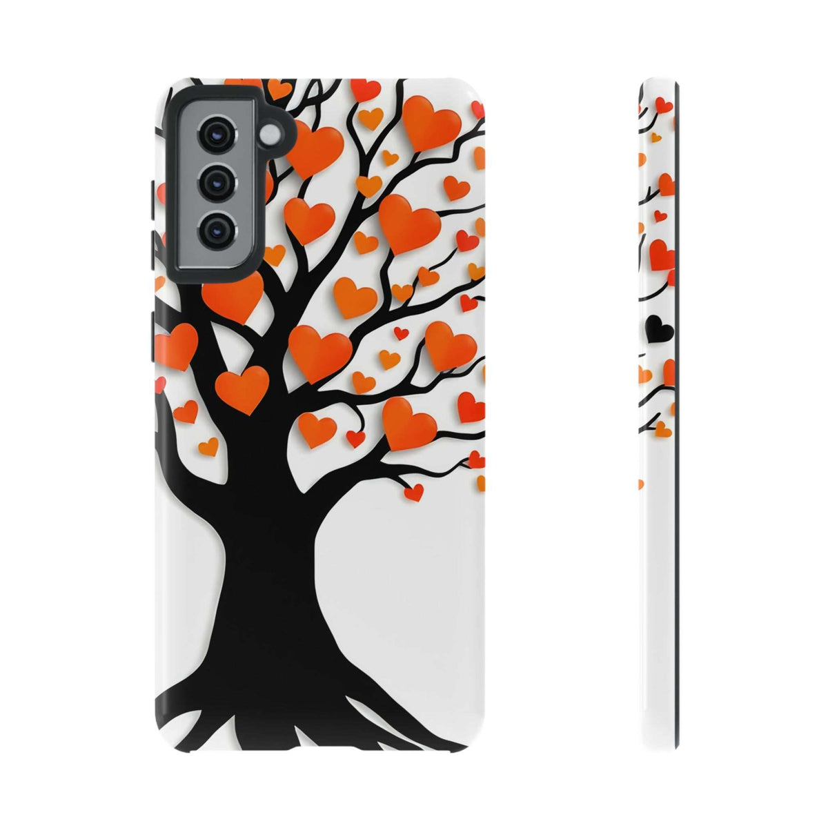 Heart tree phone case with orange and red hearts on white; front view with camera openings