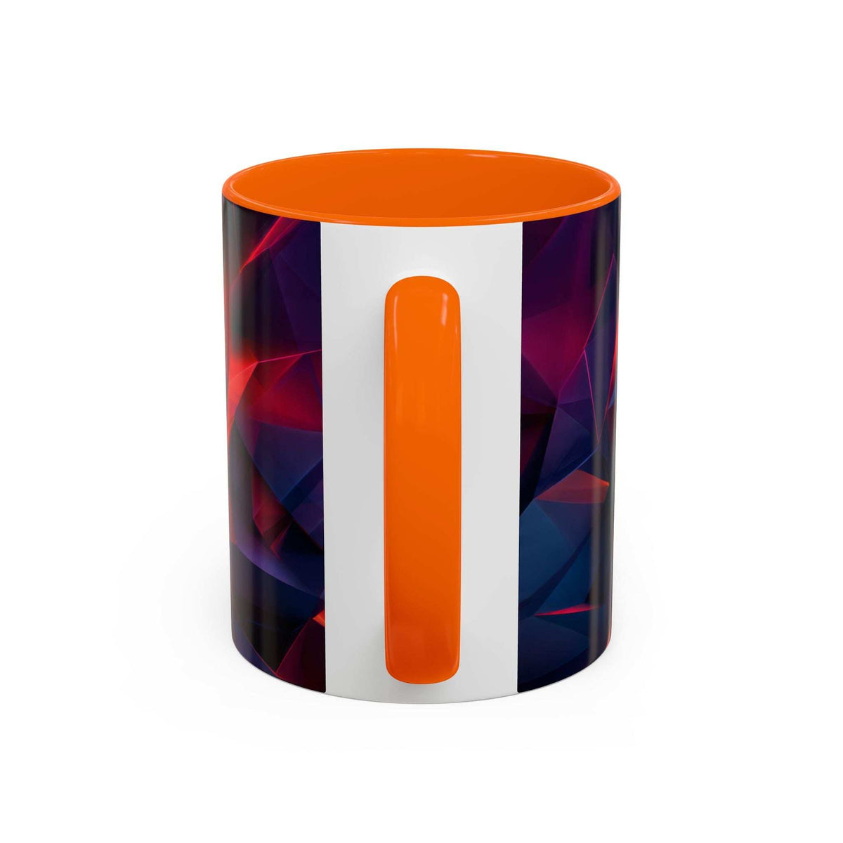 Ceramic accent mug with orange rim and handle; vertical orange stripe and geometric artwork.
