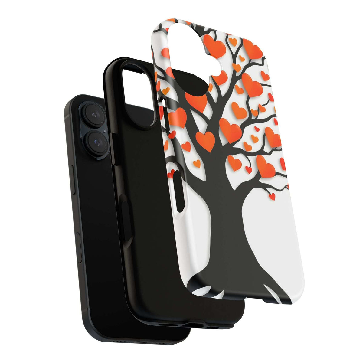 Heart tree phone case with orange heart clusters on white and black silhouette branches