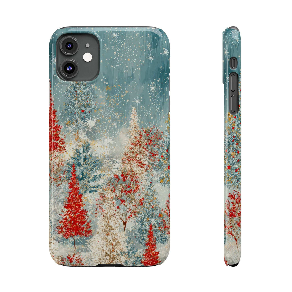 Phone case with snowy forest artwork in teal, red trees, and side button openings