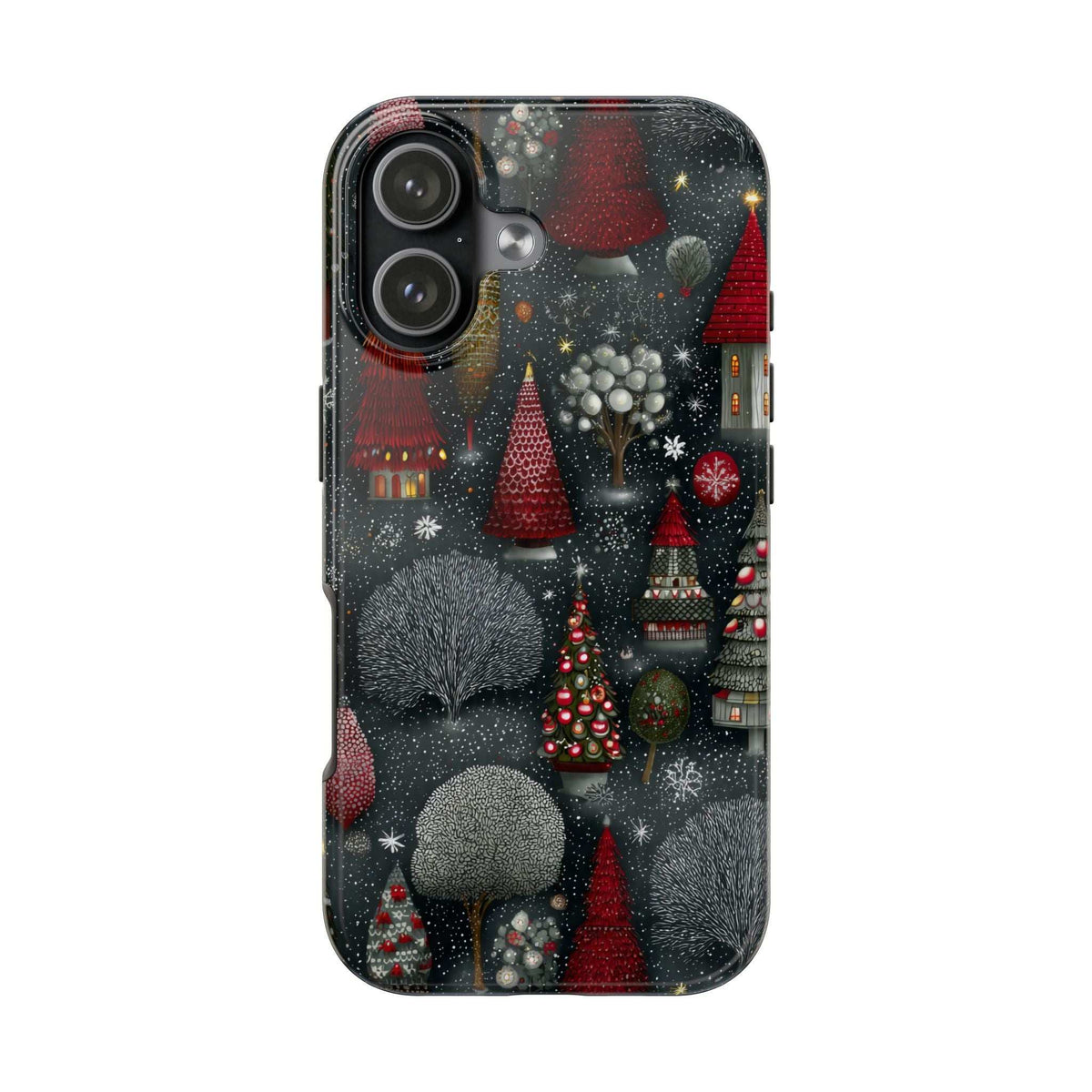 Phone case back with winter town artwork, frosted fir trees, and triple camera covers