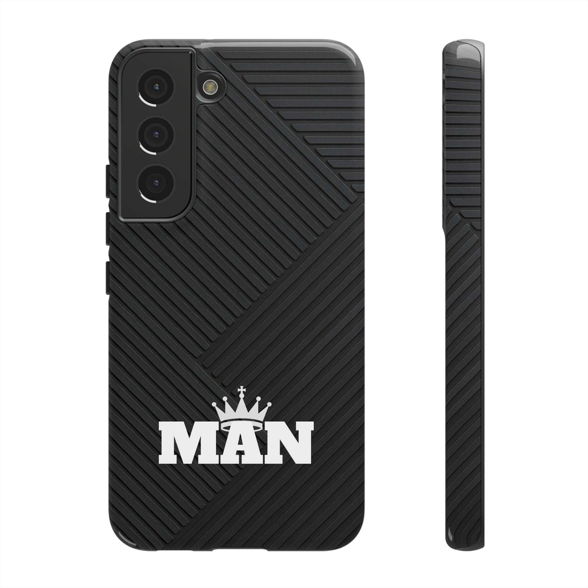 Black phone case with textured back, MAN logo, and camera cutouts on left.