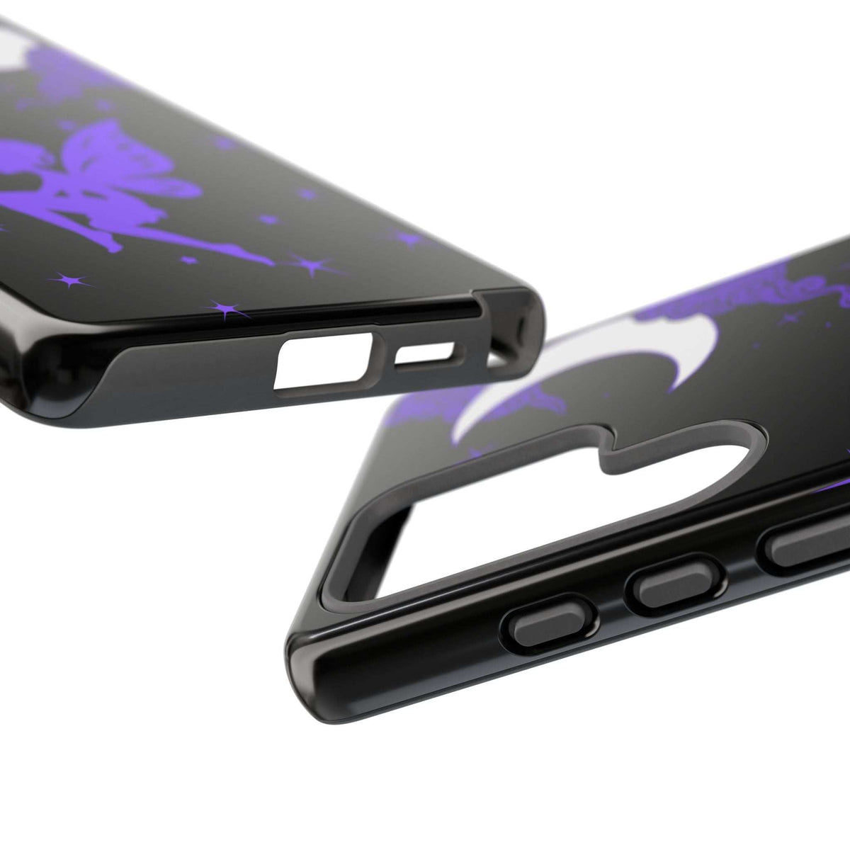 Black phone case side view with button cutouts and purple fairy design near edges.
