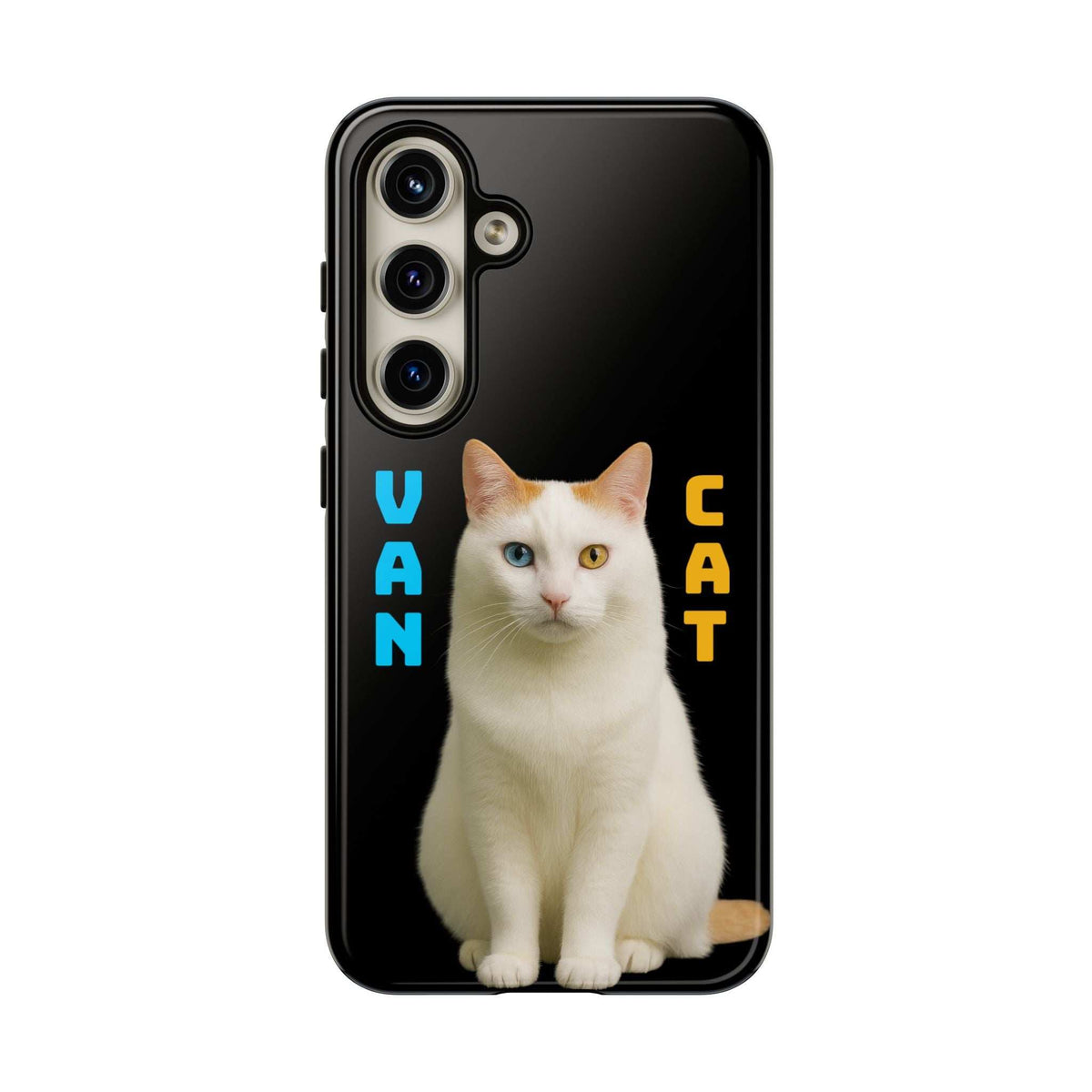 Glossy black phone case with white cat graphic and camera cutouts (front view).
