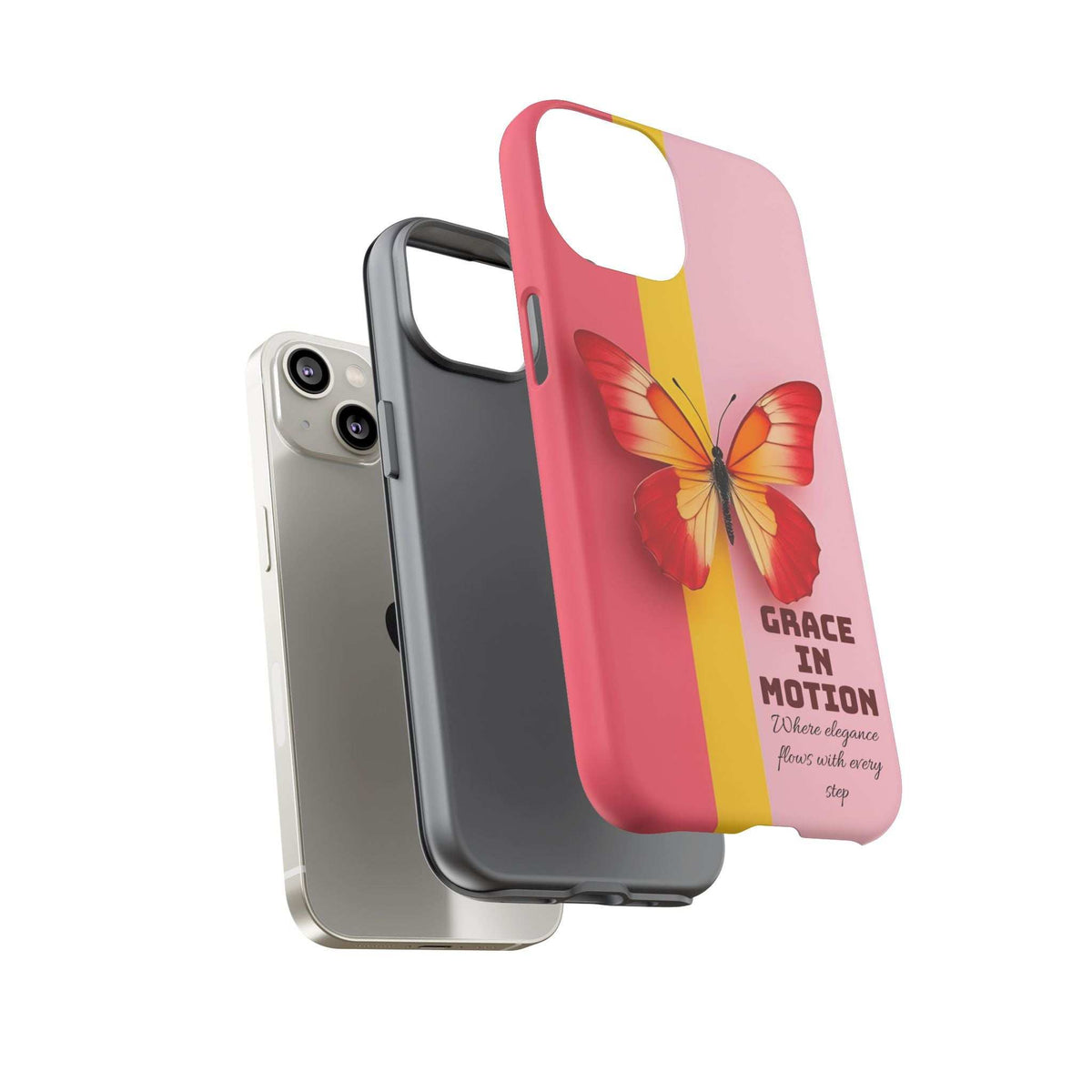 Tough phone case in pink with yellow stripe and red butterfly graphic, side view angled against a dark phone