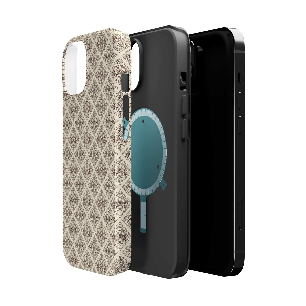 Beige patterned phone case with blue oval design, cutouts for camera and buttons