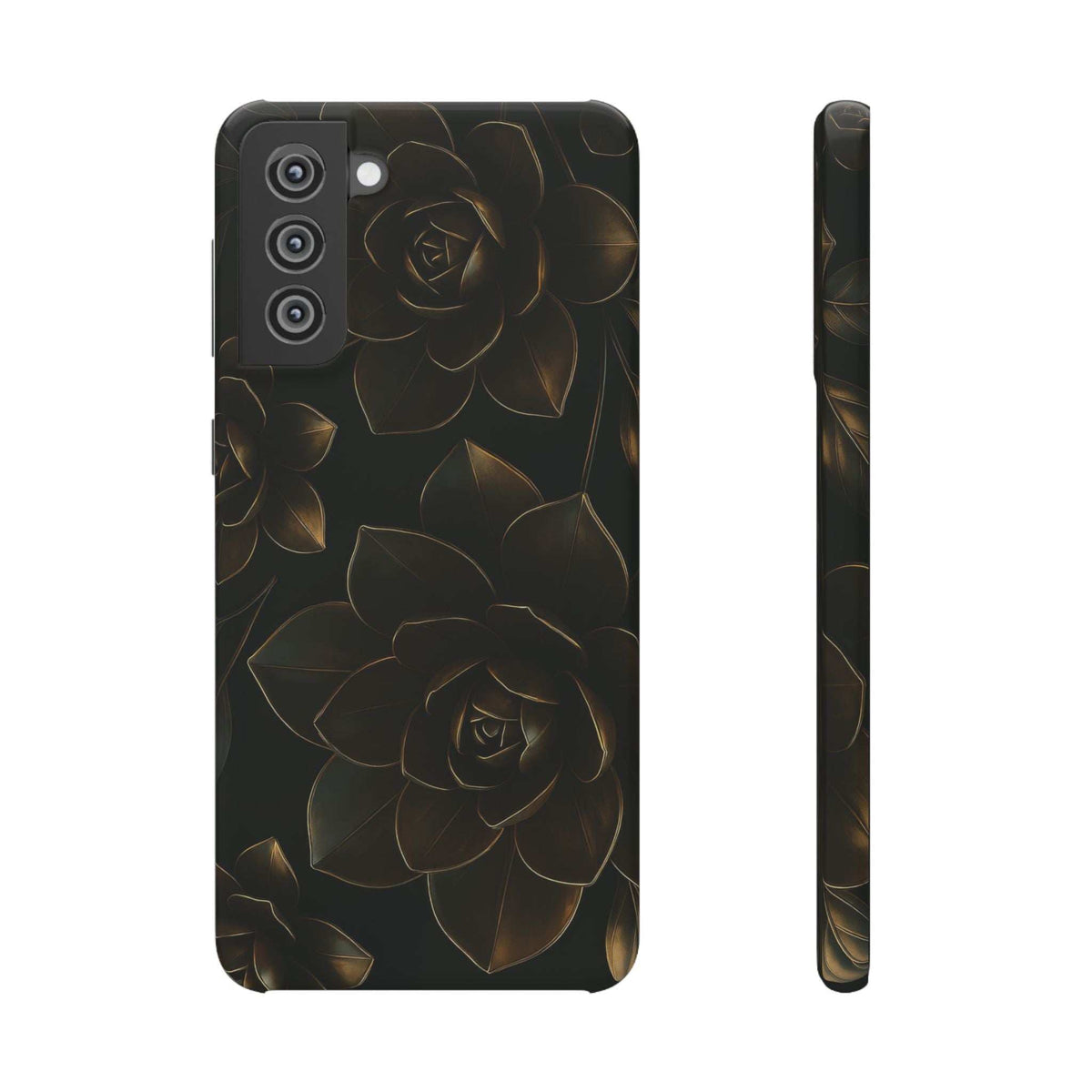 Glossy black phone case with gold rose artwork; side view with button and port openings.